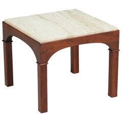 John Keal Side Table with Travertine Top for Brown Saltman