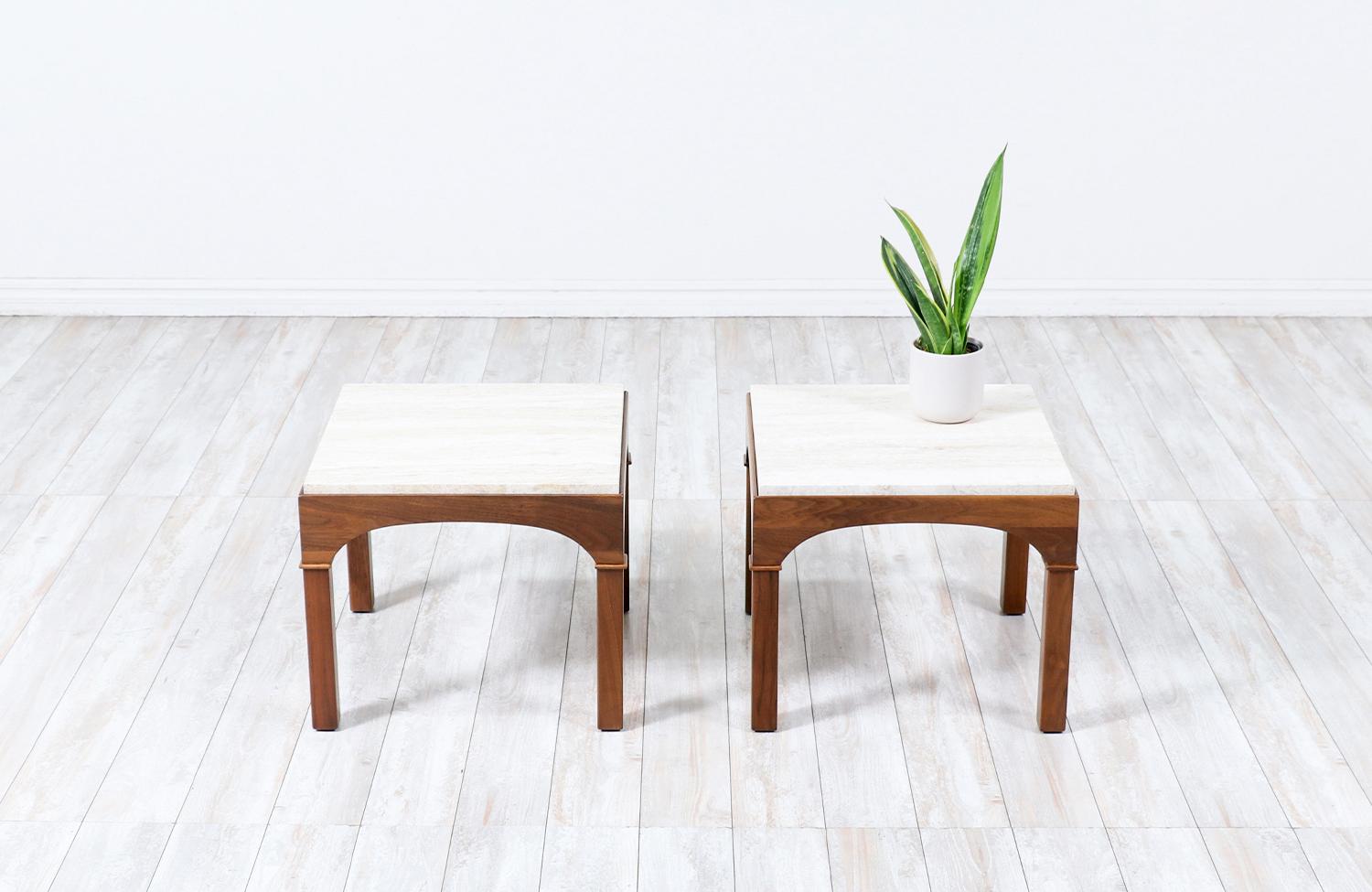 Mid-Century Modern John Keal Side Tables with Travertine Stone Tops for Brown Saltman For Sale