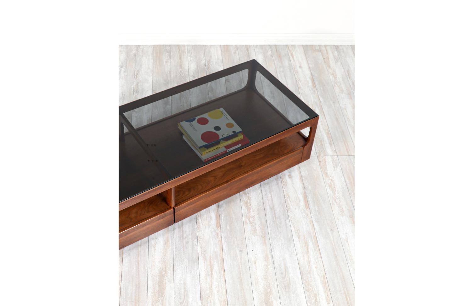 Mid-20th Century Expertly Restored -John Keal Smoke Glass & Walnut Coffee Table for Brown Saltman For Sale