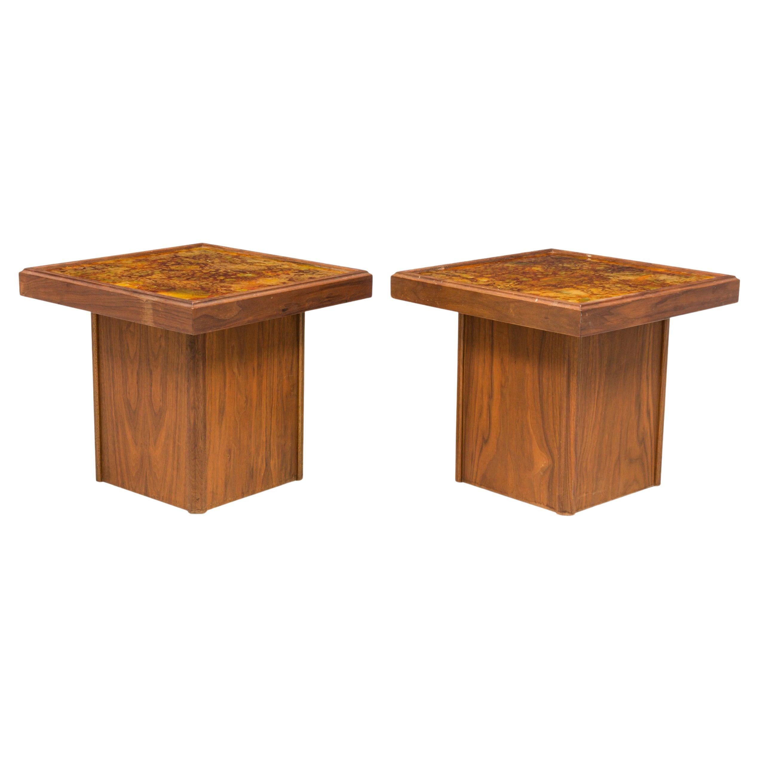 John Keal Square Reverse Painted Glass and Walnut End / Side Tables For Sale