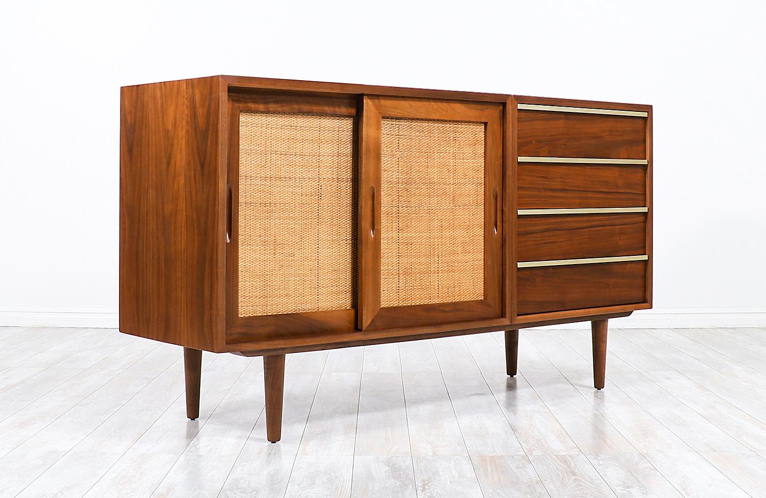 John Keal Walnut Credenza with Cane Doors for Brown Saltman In Excellent Condition In Los Angeles, CA