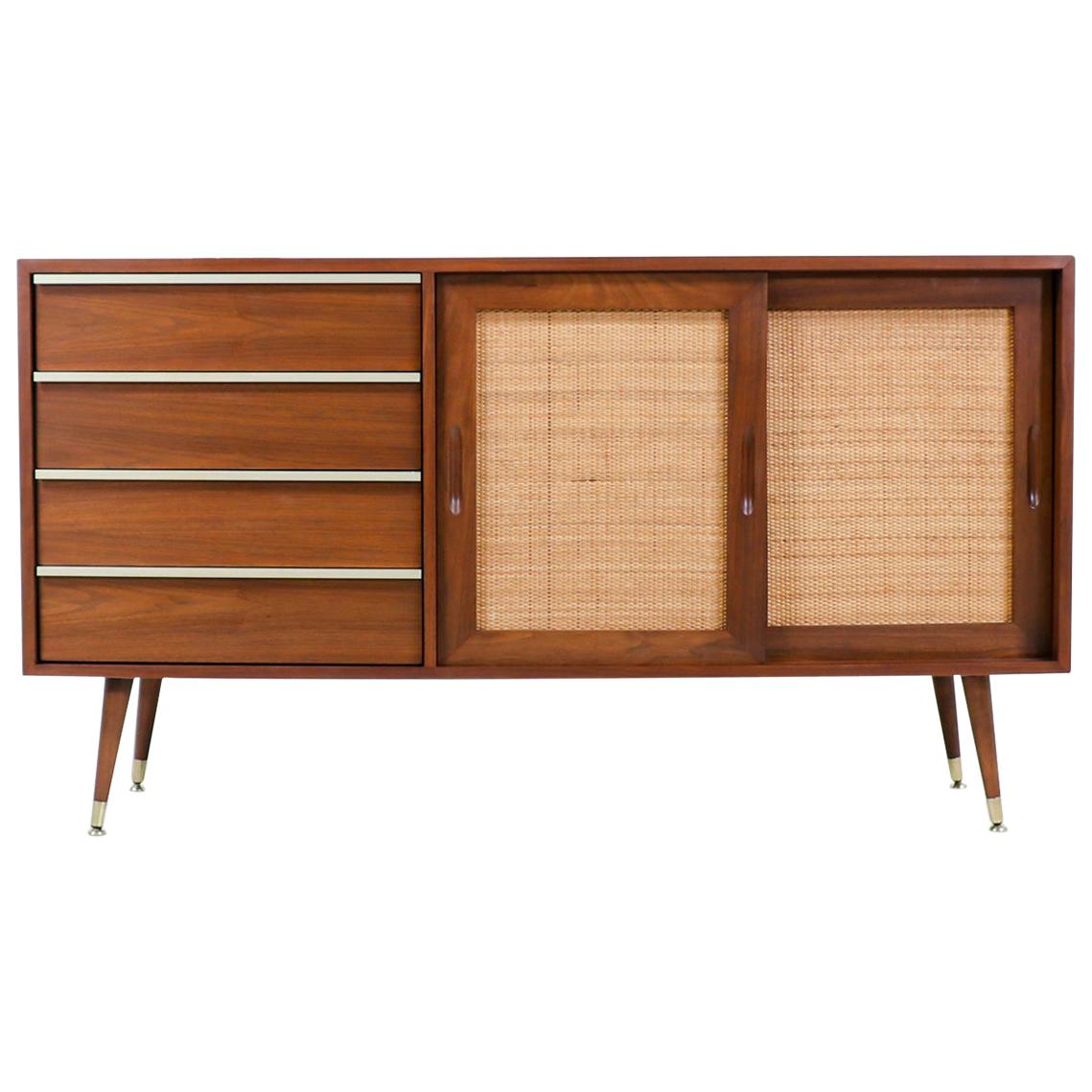 John Keal Walnut Credenza with Cane Doors for Brown Saltman