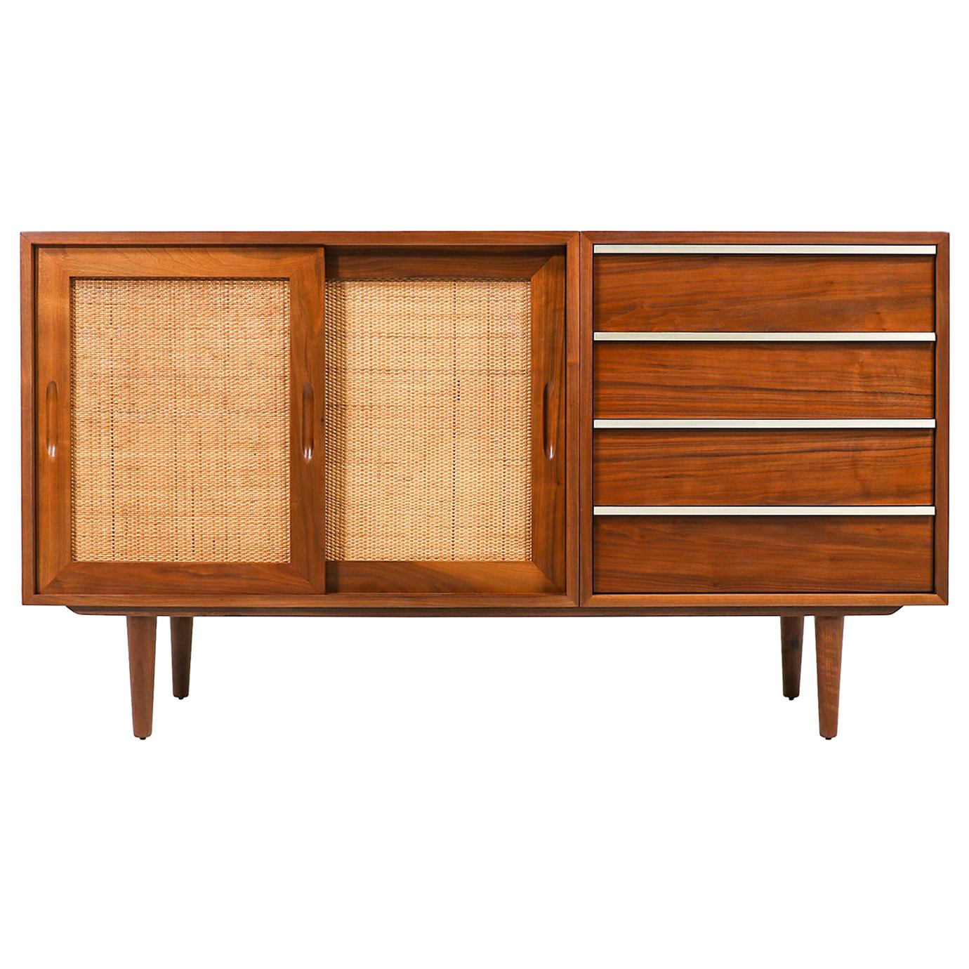 John Keal Walnut Credenza with Cane Doors for Brown Saltman at 1stDibs