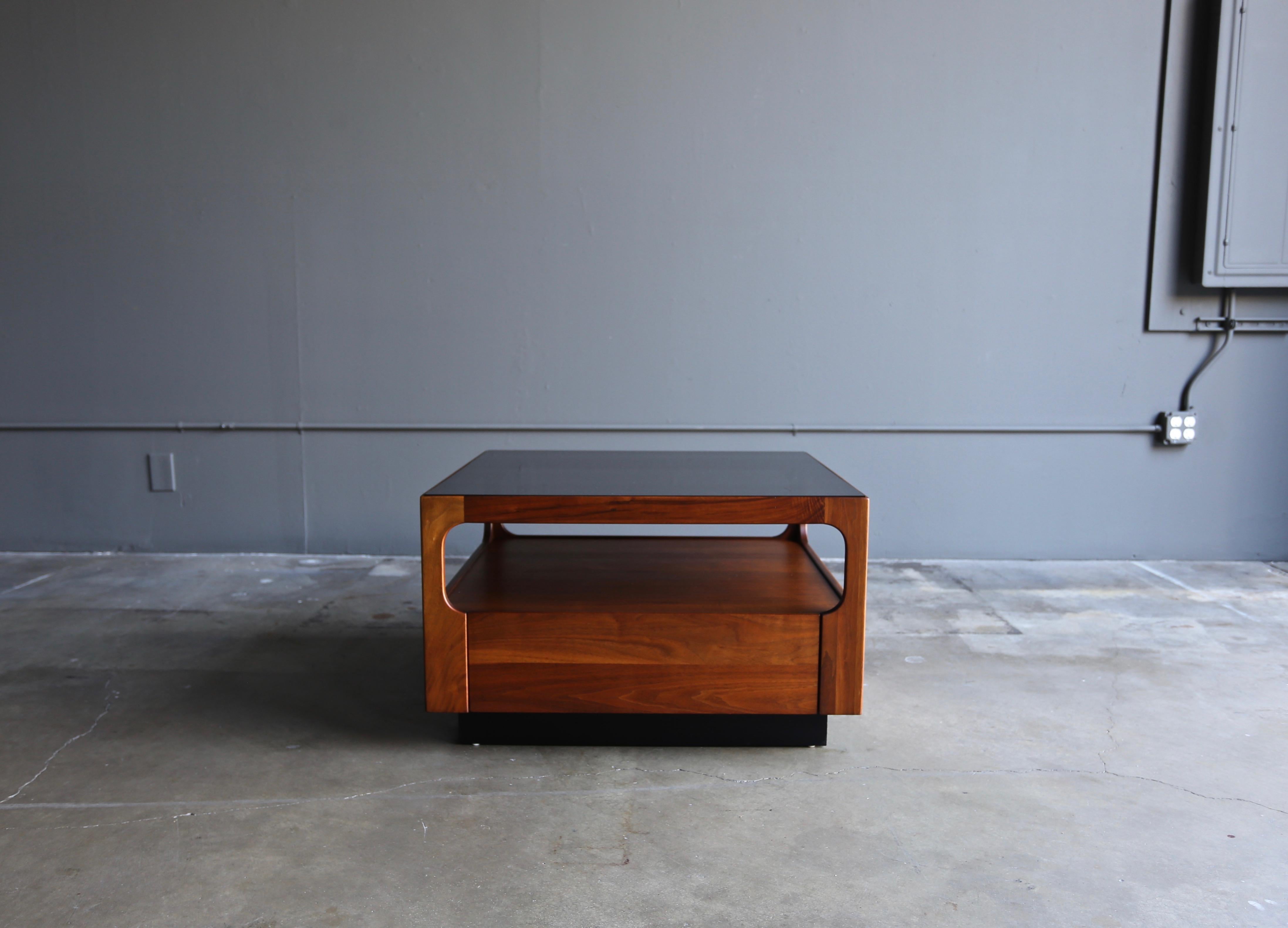 John Keal walnut & smoked glass side / coffee table for brown Saltman circa 1960.