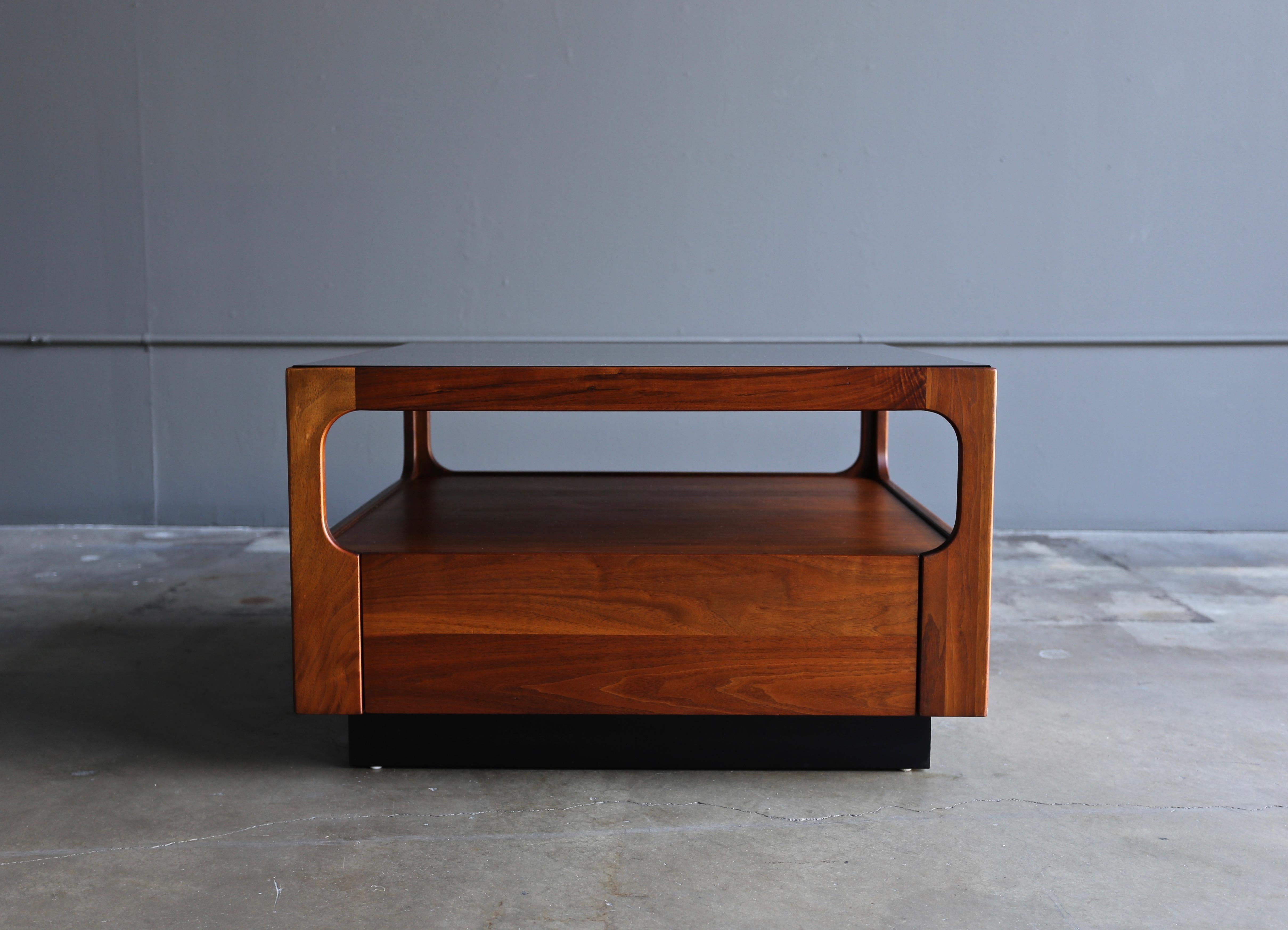 Mid-Century Modern John Keal Walnut & Smoked Glass Table for Brown Saltman, circa 1960