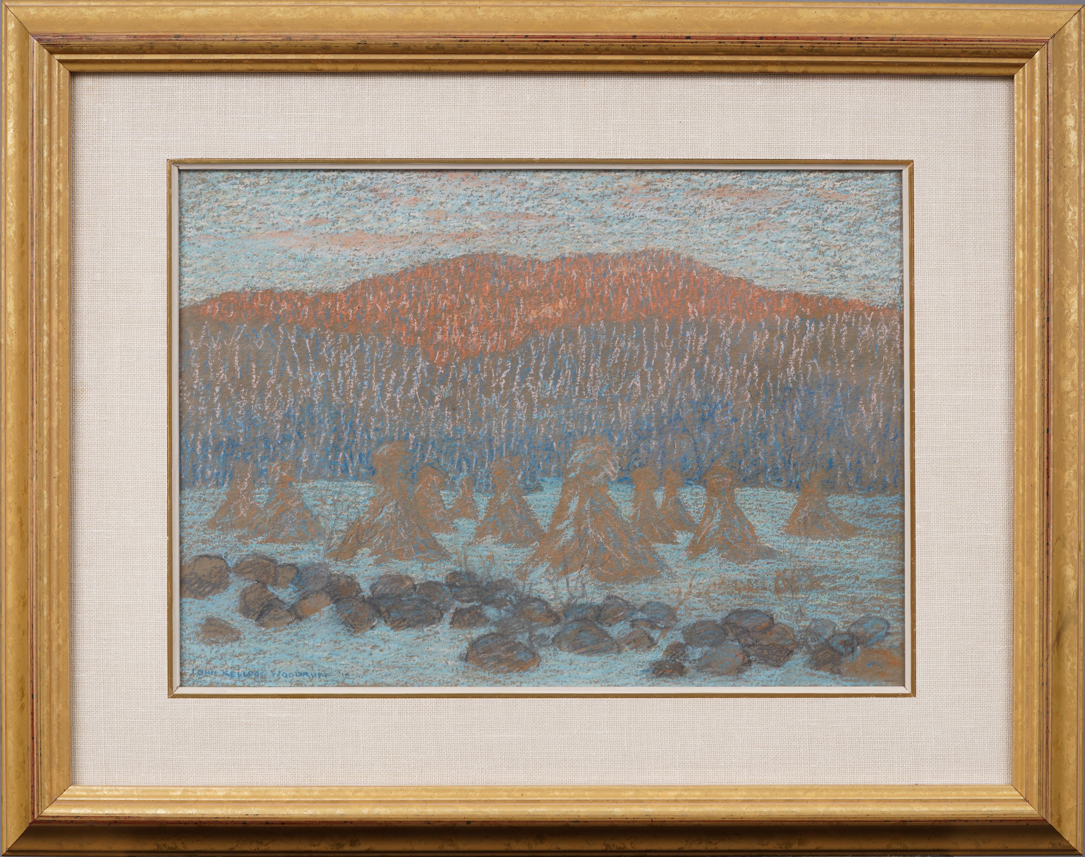 Antico dipinto impressionista americano con cornice e firma, Paesaggio di pagliaio d'inverno - Painting di John Kellogg Woodruff (1879 - 1956) 
