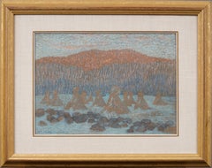 Antique American Impressionist Winter Haystack Landscape Framed Signed Painting