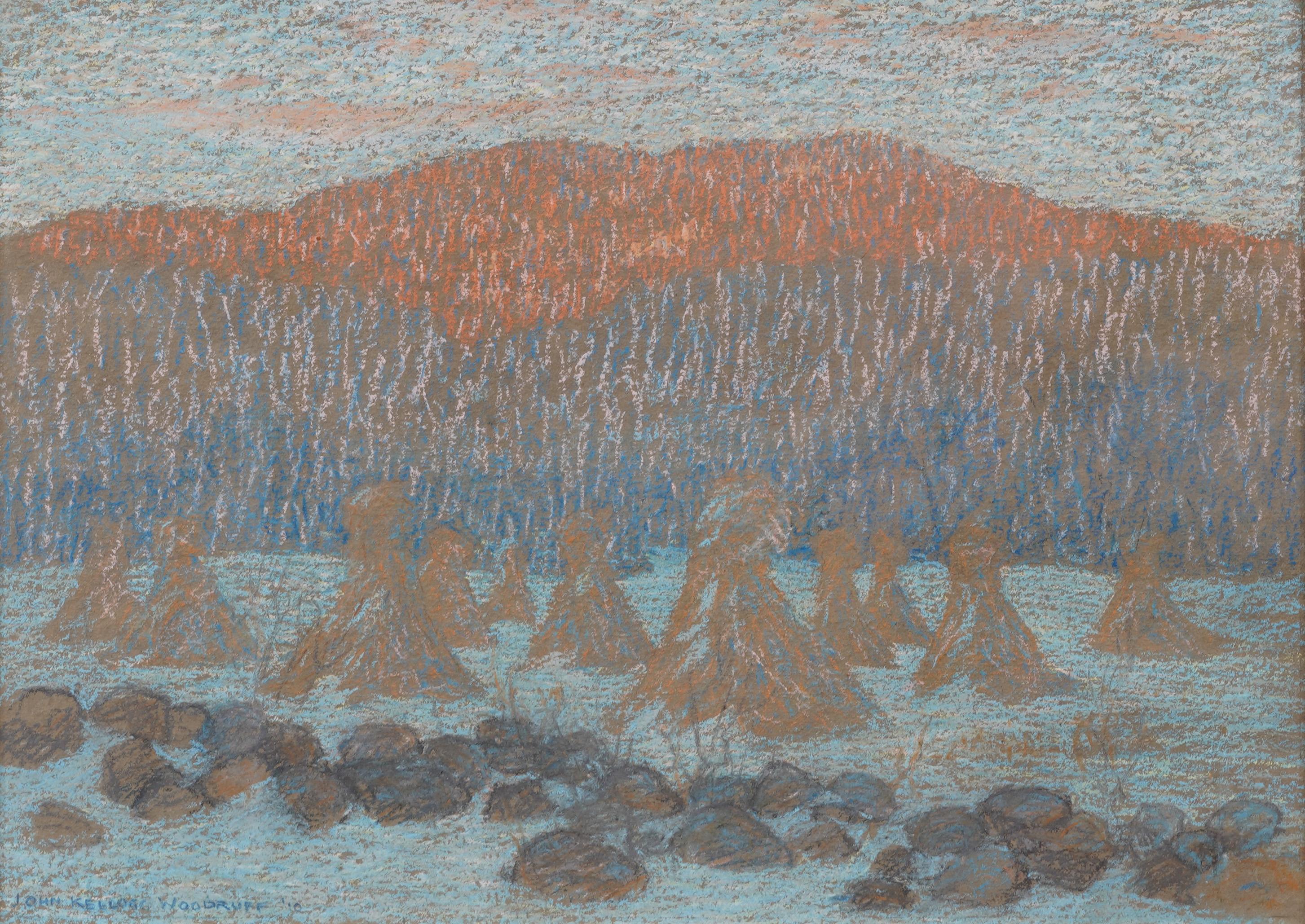 Antico dipinto impressionista americano con cornice e firma, Paesaggio di pagliaio d'inverno - Painting Impressionismo di John Kellogg Woodruff (1879 - 1956) 
