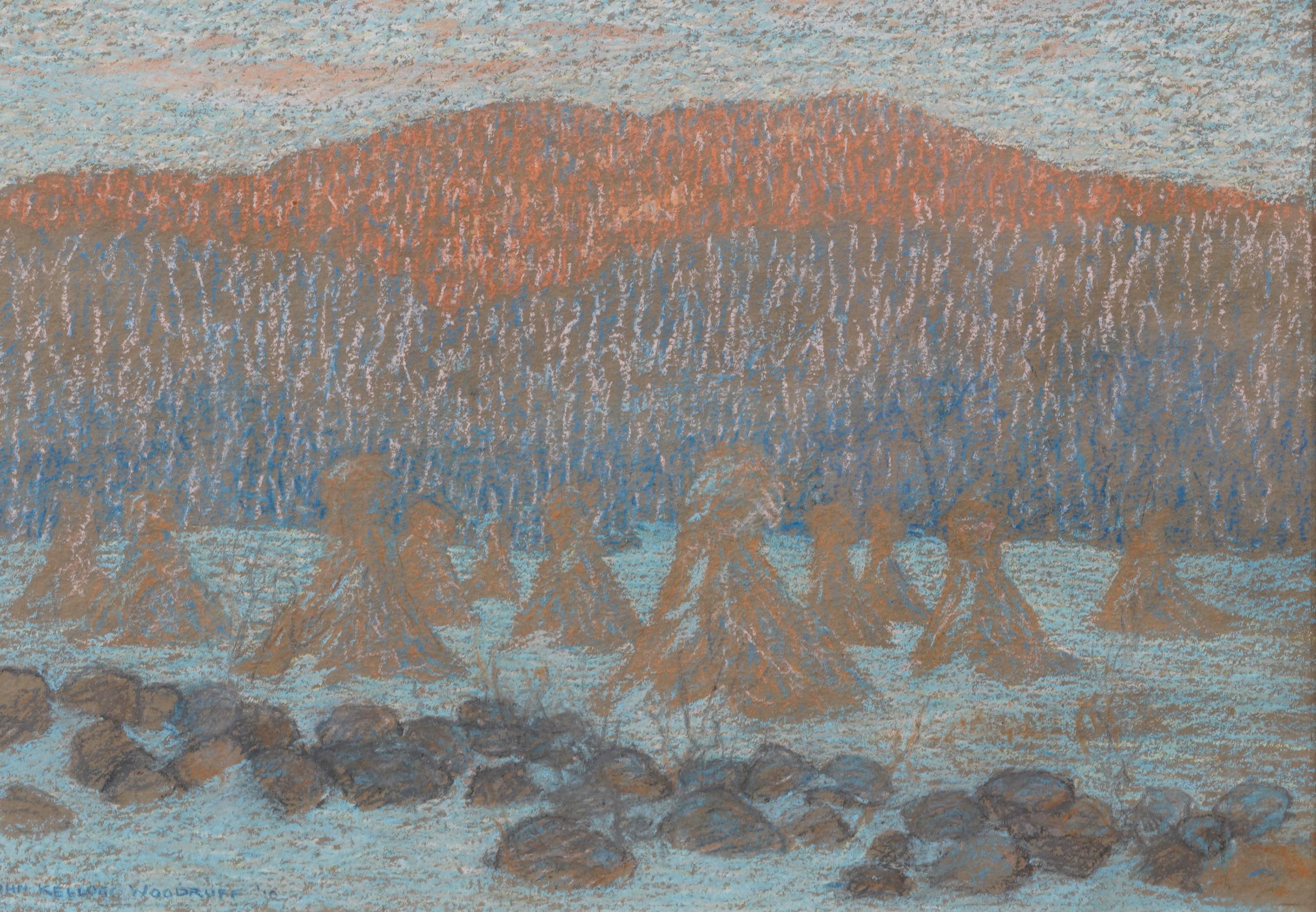 Impressionante dipinto di paesaggio invernale impressionista dei primi anni dell'Ottocento.  Incorniciato.  Pastello su carta.  Firmato.  Dimensioni dell'immagine, 11H per 15L.