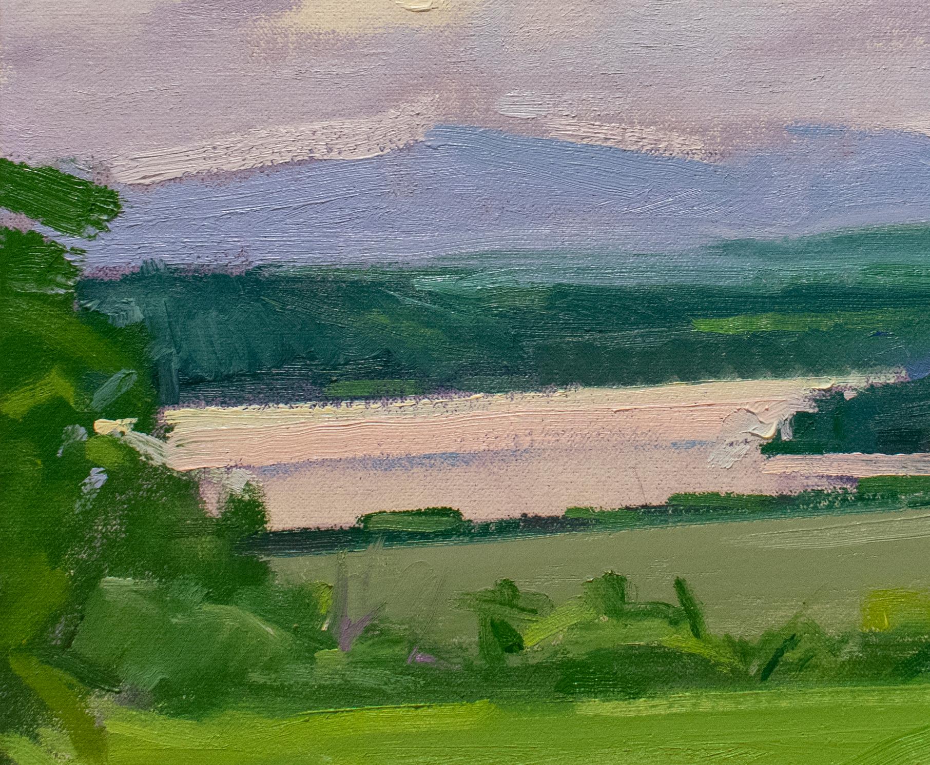 En plein air, Impressionist style Hudson Valley landscape painting of the Catskill mountains and green fields under a cloudy summertime sky
Square landscape painting with a blue, green, and grey palette with accents of soft pink
Oil on linen, 17 x