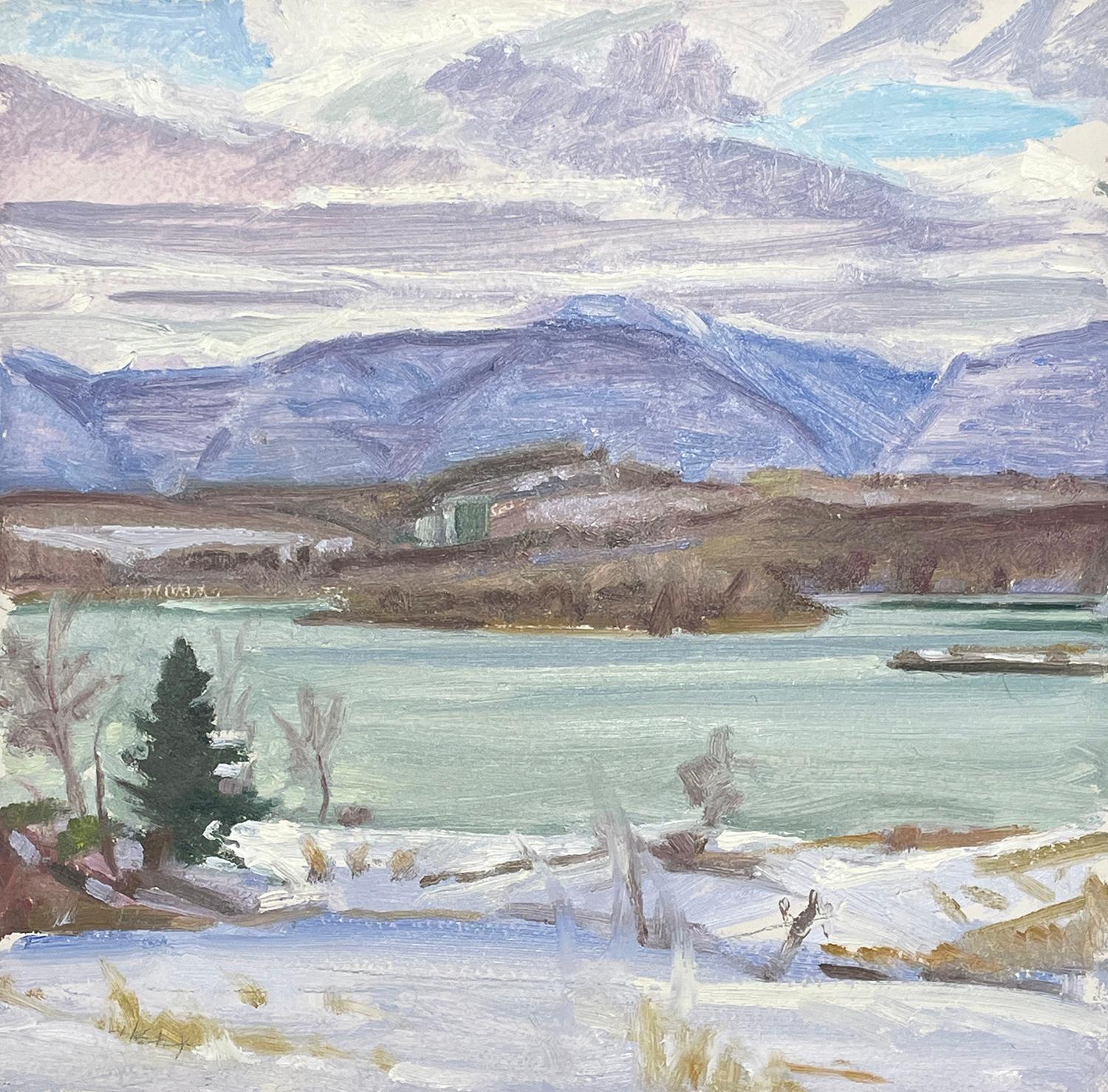From Germantown II (Plein Air Winter Landscape of Hudson River & Mountains)
