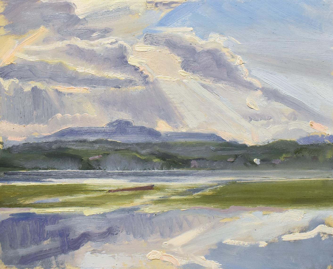 En plein air Hudson Valley landscape painting of the Catskill Mountains and the Hudson River during summertime
Horizontal landscape painting with a blue, green, and soft white palette
Oil on panel, 9.5 x 12 inches in handmade black frame

John Kelly