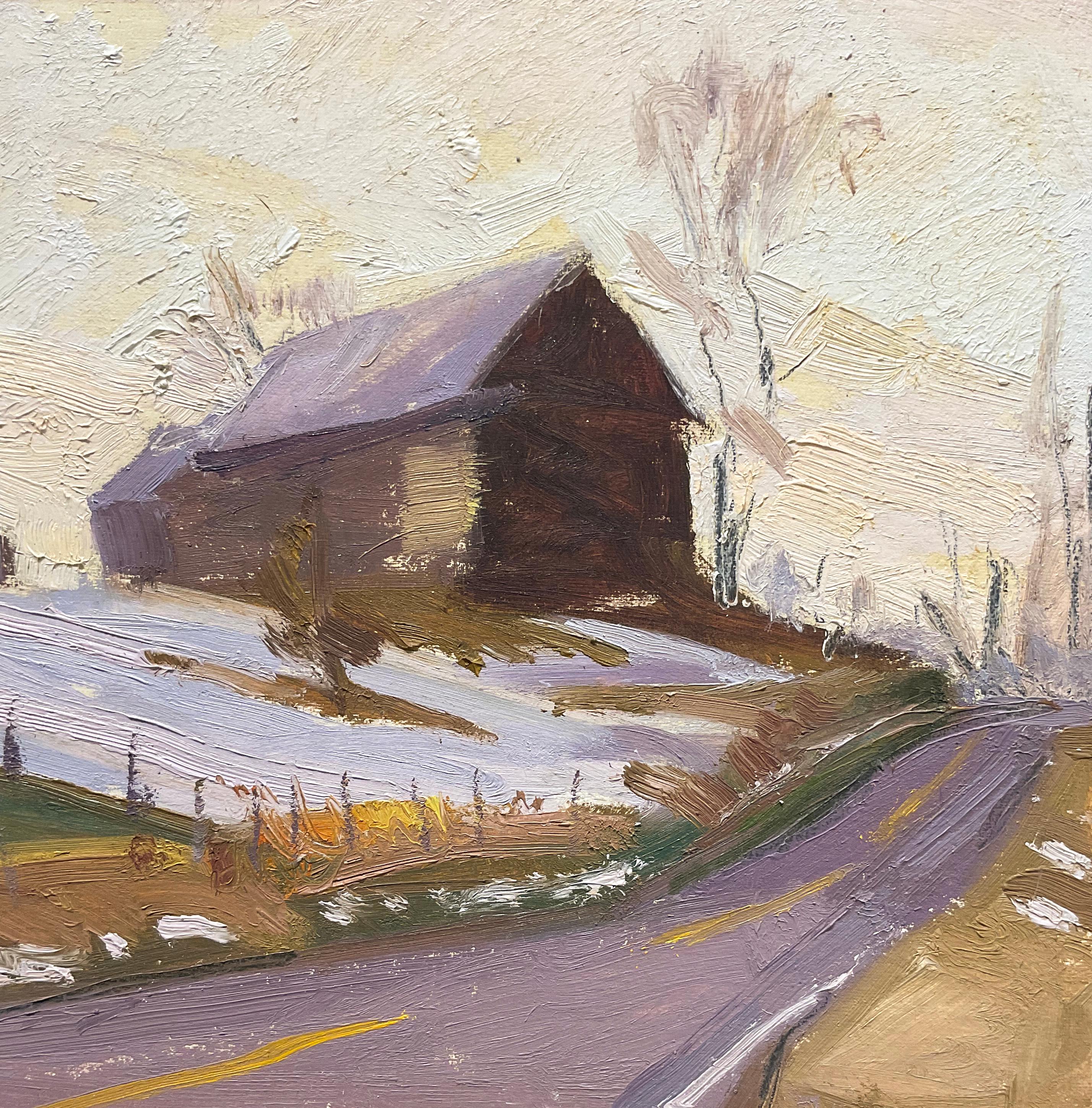 Signs of Spring: Plein Air Impressionist Painting of Barn in Country Landscape  - Brown Figurative Painting by John Kelly