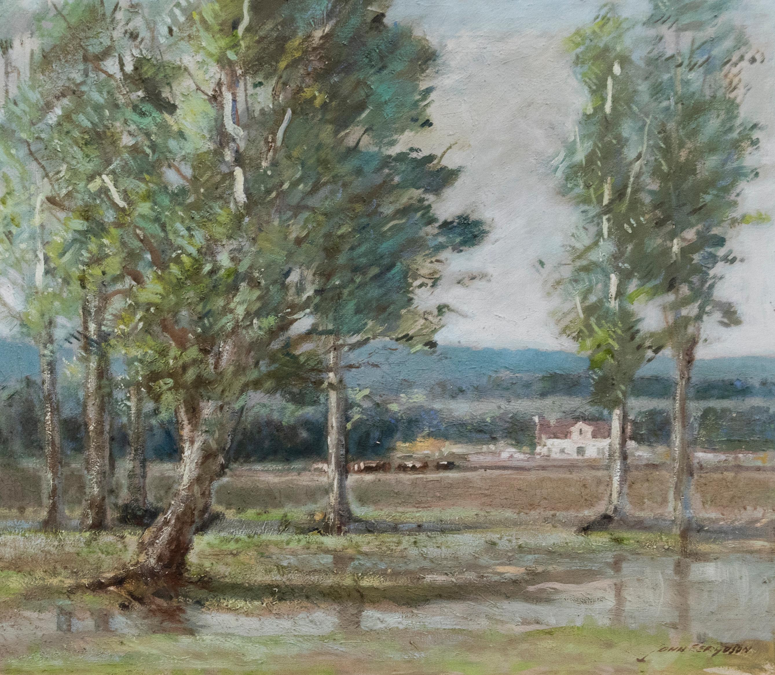 A wonderful impressionistic painting by listed South African artist John Kenneth Ferguson (1885-1967). The scene depicts an idyllic view over rural farmland with cattle grazing to the left of a large Cape Dutch farmhouse. In the foreground a grove
