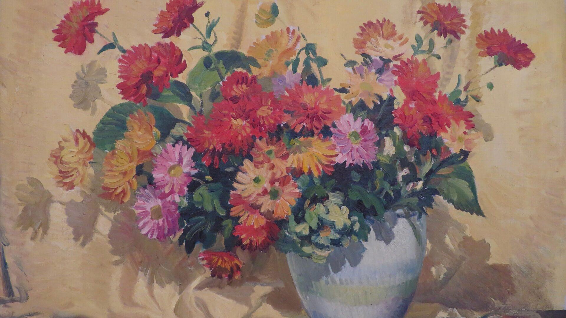 Metà del 20° secolo inglese STILL LIFE OF FLOWERS Pittura ad olio originale - Painting Postimpressionismo di JOHN KENNEY