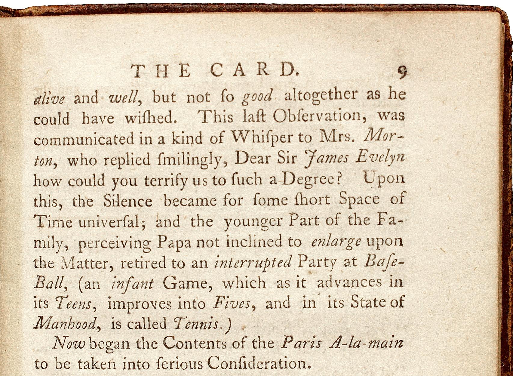 AUTHOR: KIDGELL (John)

TITLE: The Card.

PUBLISHER: London: for the Maker & sold by J. Newberry, 1755.

DESCRIPTION: FIRST AND ONLY EDITION. 2 vols., 6-5/8