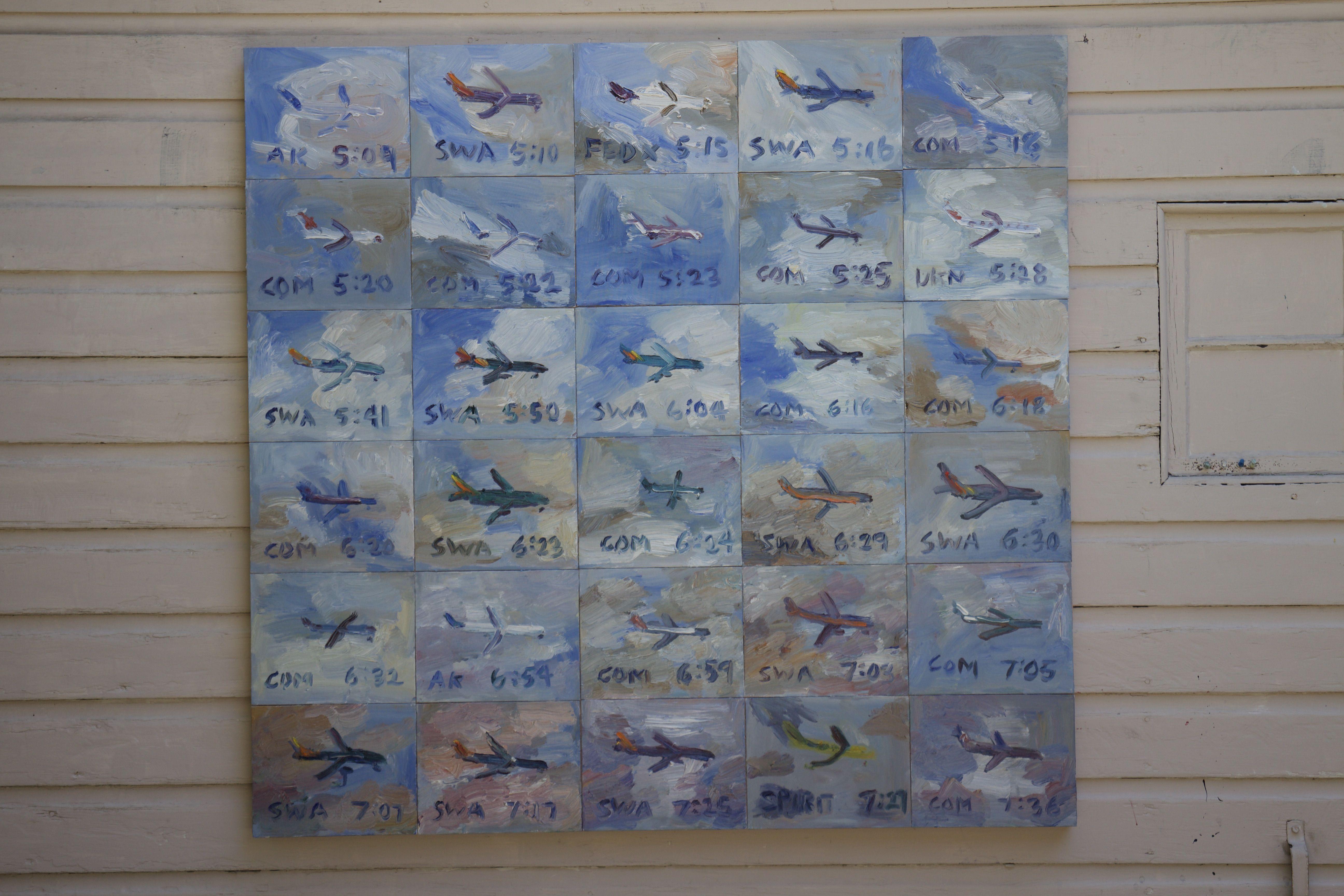On April 11, 2022, I painted the airplanes landing into Burbank airport from my backyard. I live streamed the event on my YouTube channel Letspainttv. 30 canvas panels mounted onto a wood frame. :: Painting :: Contemporary :: This piece comes with