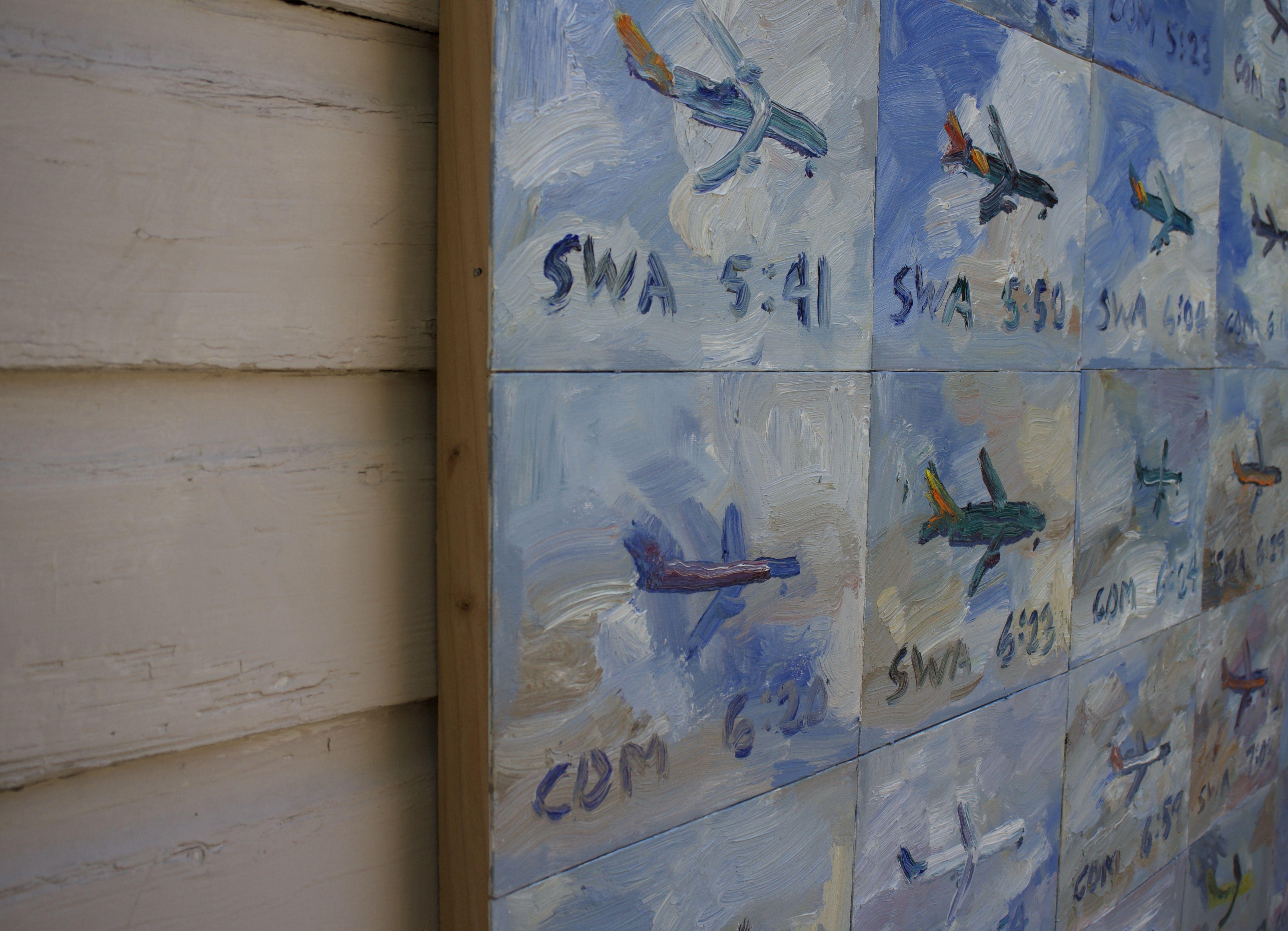 30 planes landing into Burbank 4-11-22, Painting, Oil on Wood Panel For Sale 2