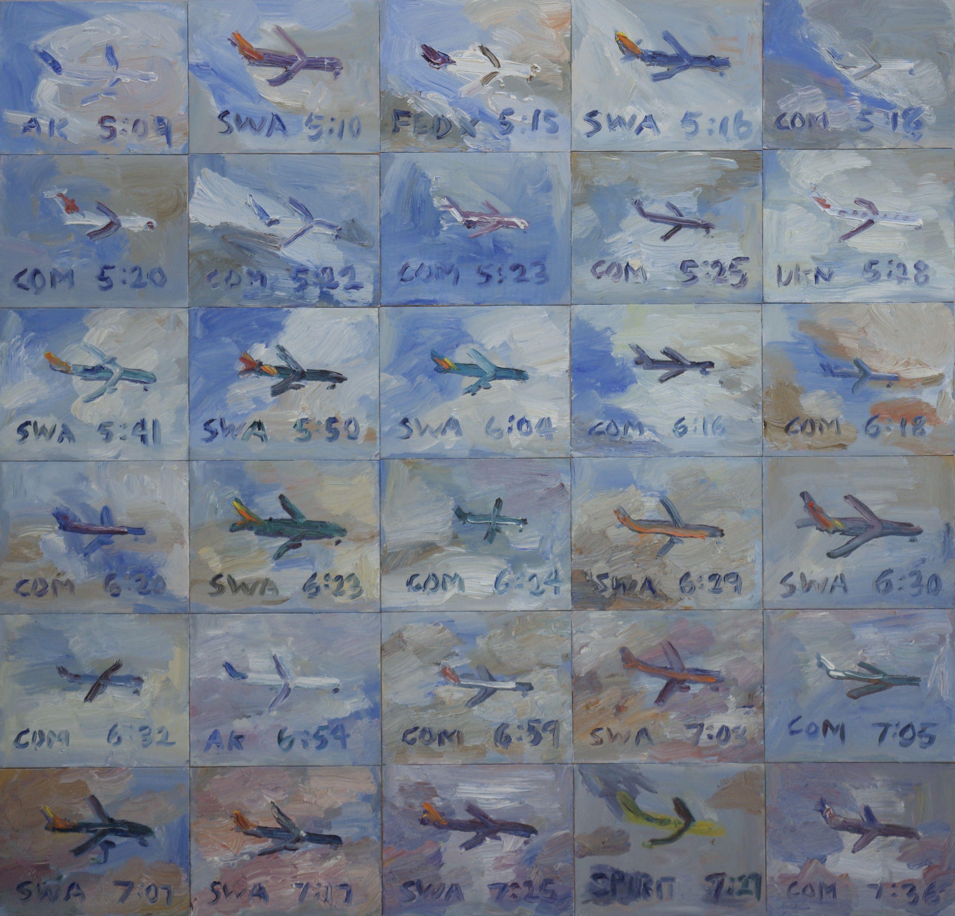 On April 11, 2022, I painted the airplanes landing into Burbank airport from my backyard. I live streamed the event on my YouTube channel Letspainttv. 30 canvas panels mounted onto a wood frame. :: Painting :: Contemporary :: This piece comes with