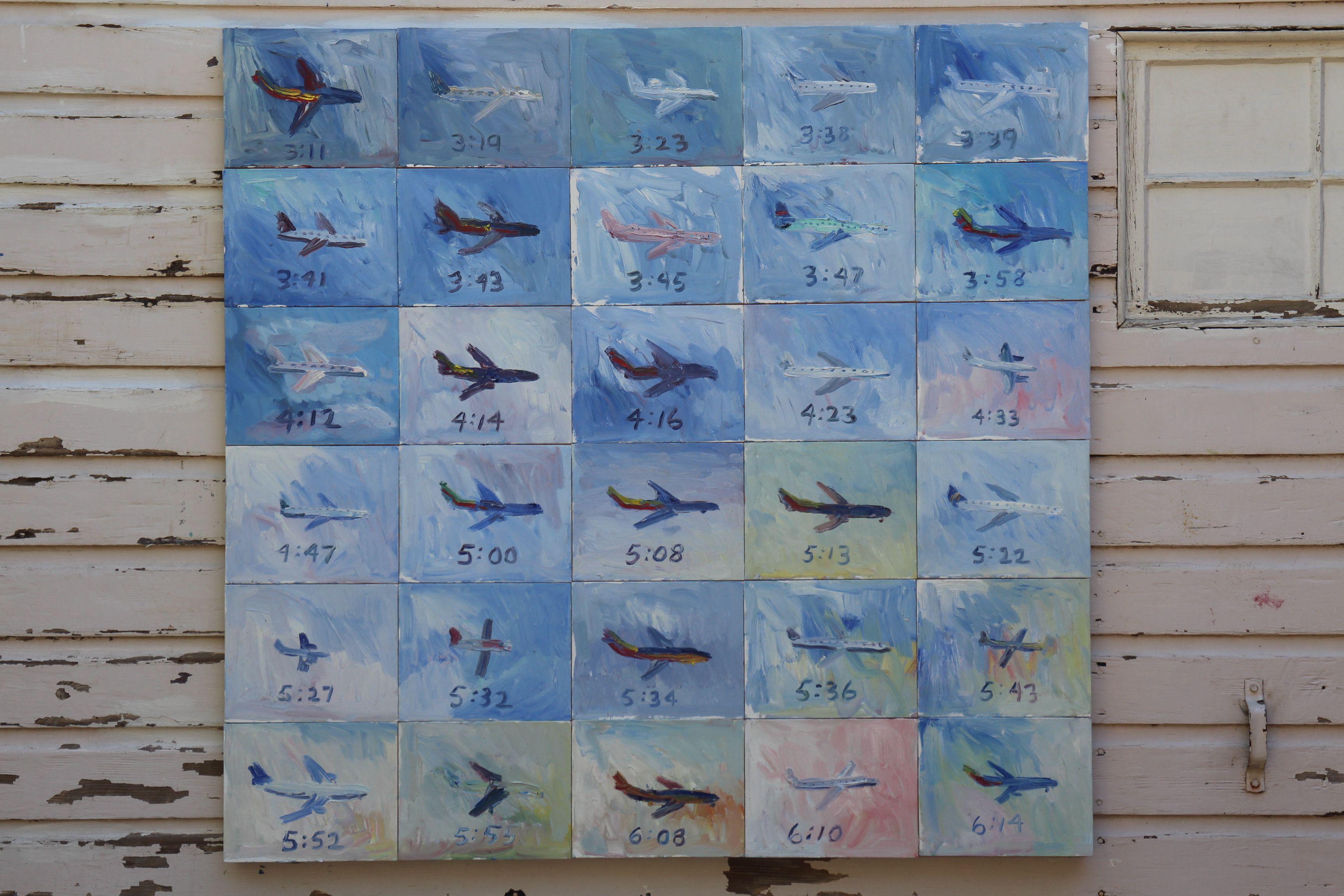 30 planes landing into Burbank Airport, Painting, Oil on Canvas For Sale 2