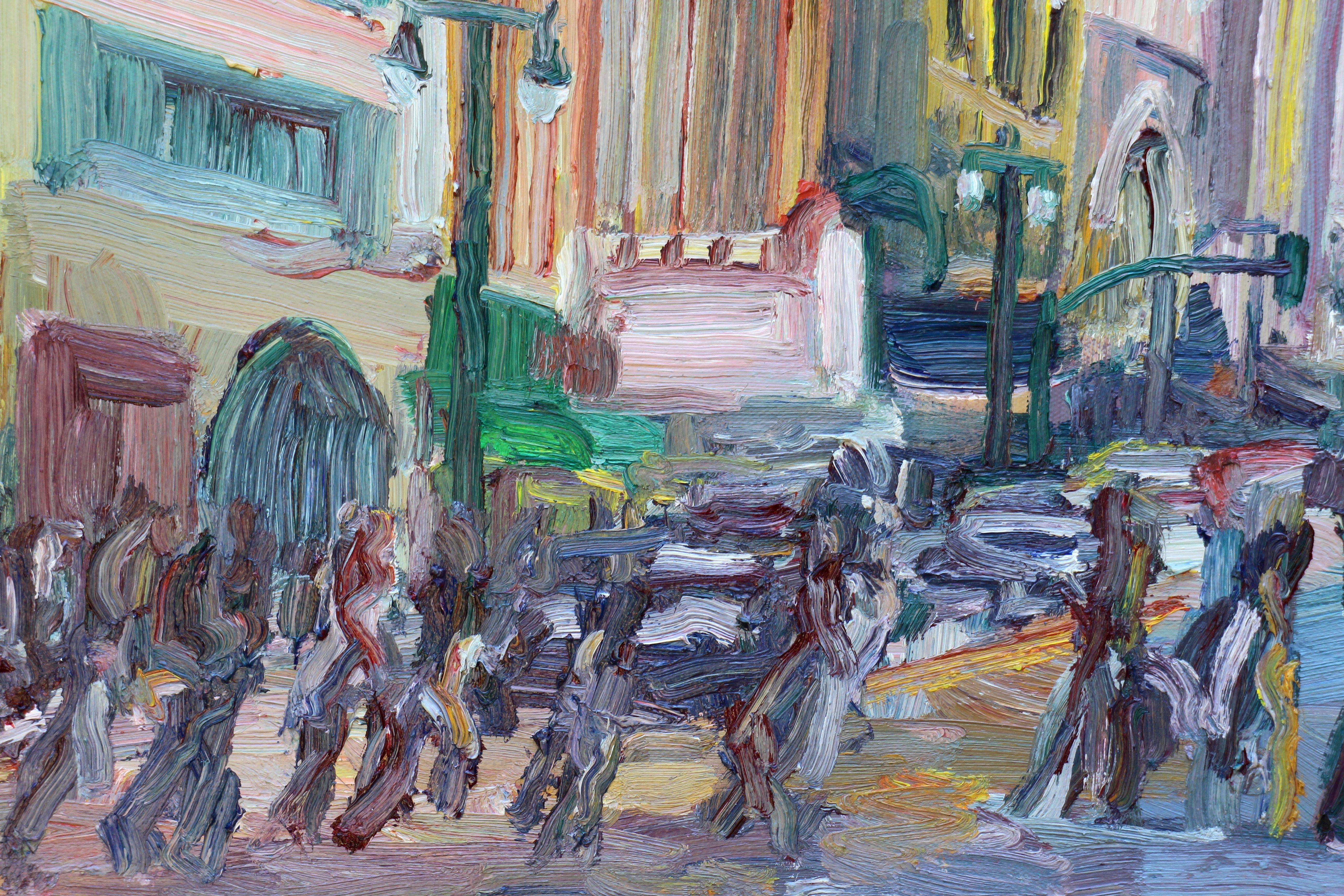 Questo grande dipinto è stato realizzato in plein air (dipinto sul posto) tra la Quinta e Broadway nel centro di Los Angeles, in California. La pittura è piena di pennellate spesse, audaci e colorate.   :: Pittura :: Impressionista :: Questo pezzo