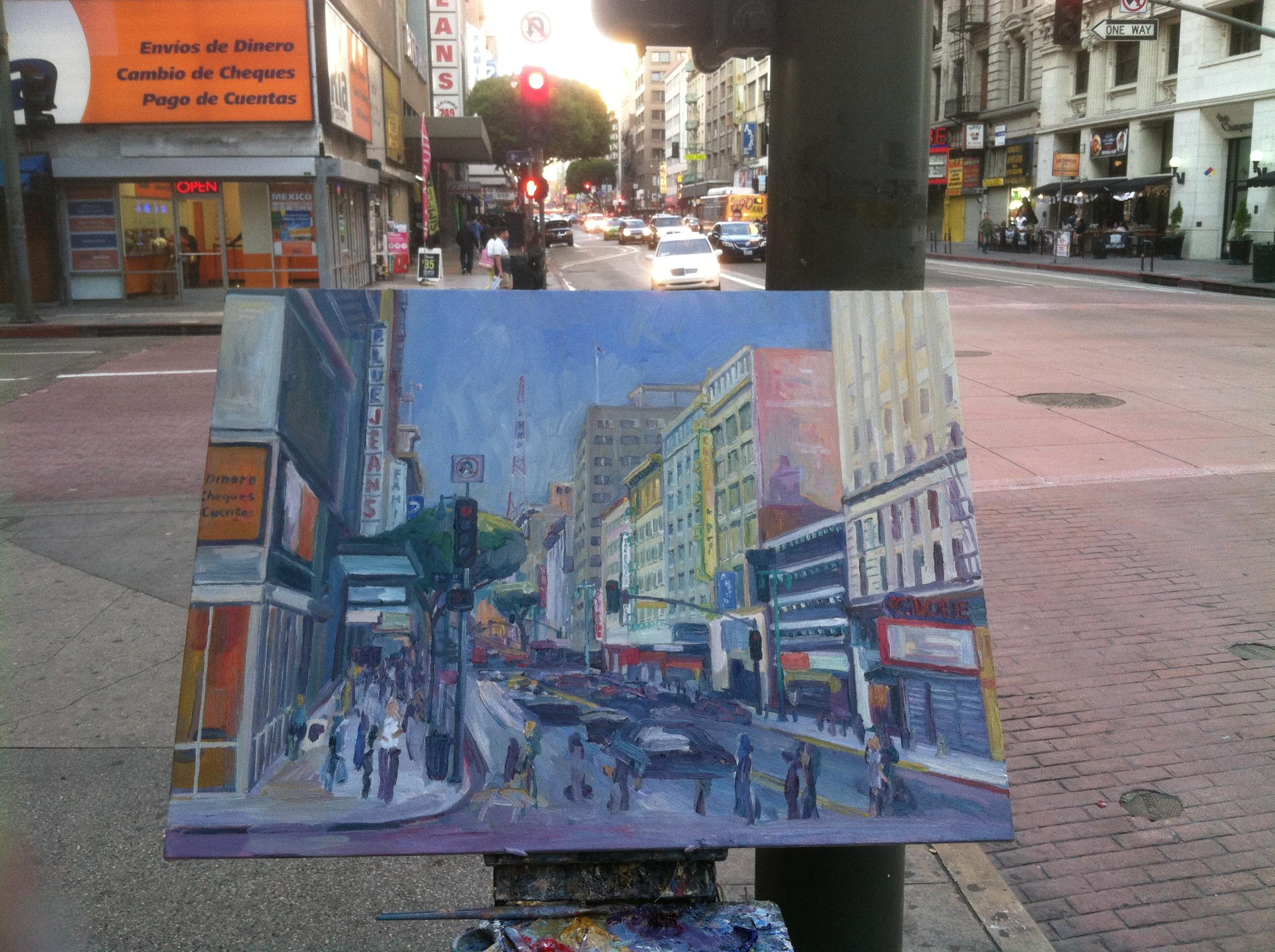 8th & Broadway, Los Angeles, Painting, Oil on Canvas For Sale 1