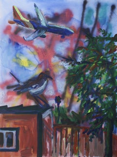 Airplane and bird in backyard, Painting, Acrylic on Canvas
