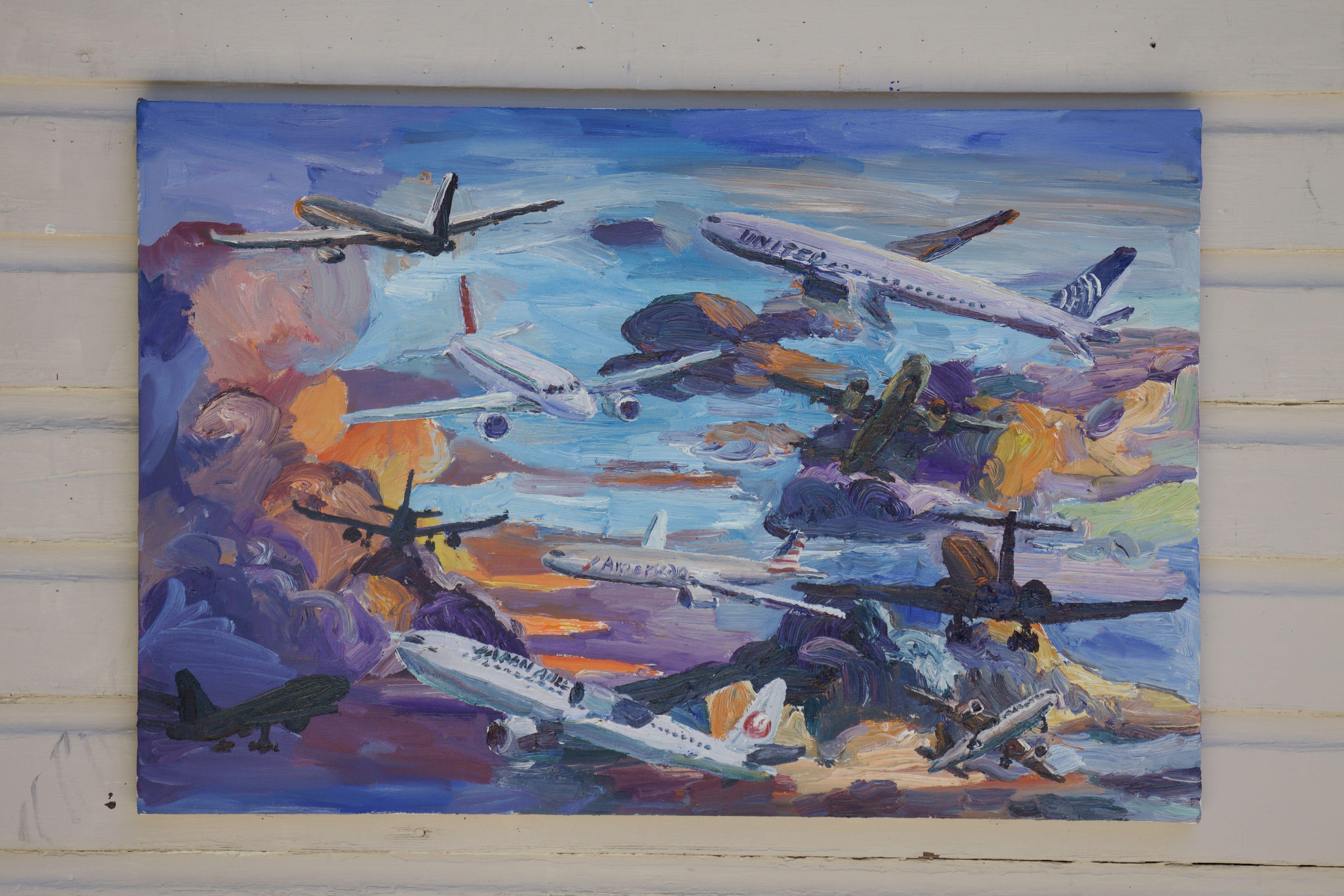 Airplanes at Sunset, Painting, Oil on Canvas For Sale 1