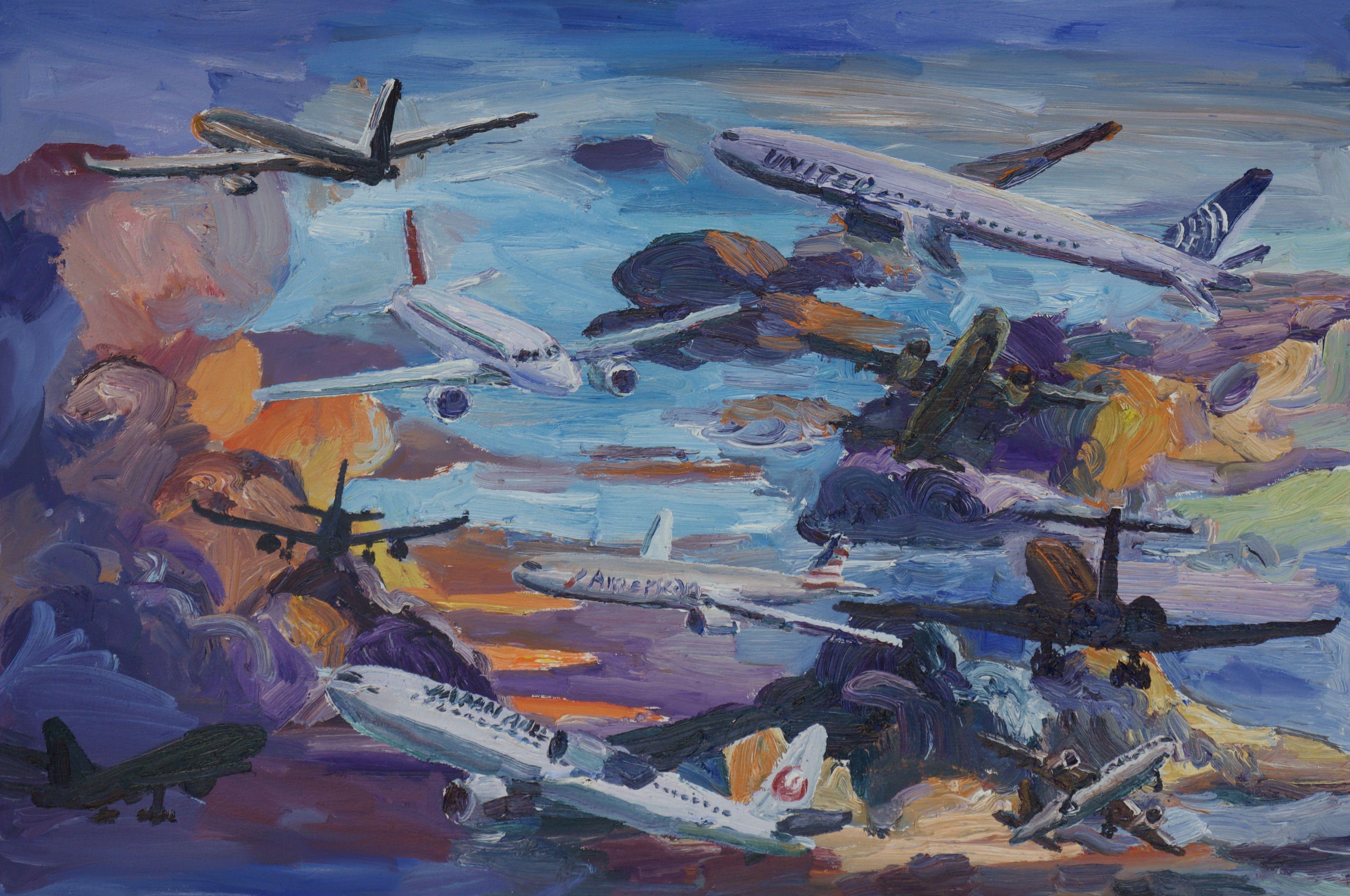 Avions au coucher du soleil, peinture, huile sur toile - Painting de John Kilduff
