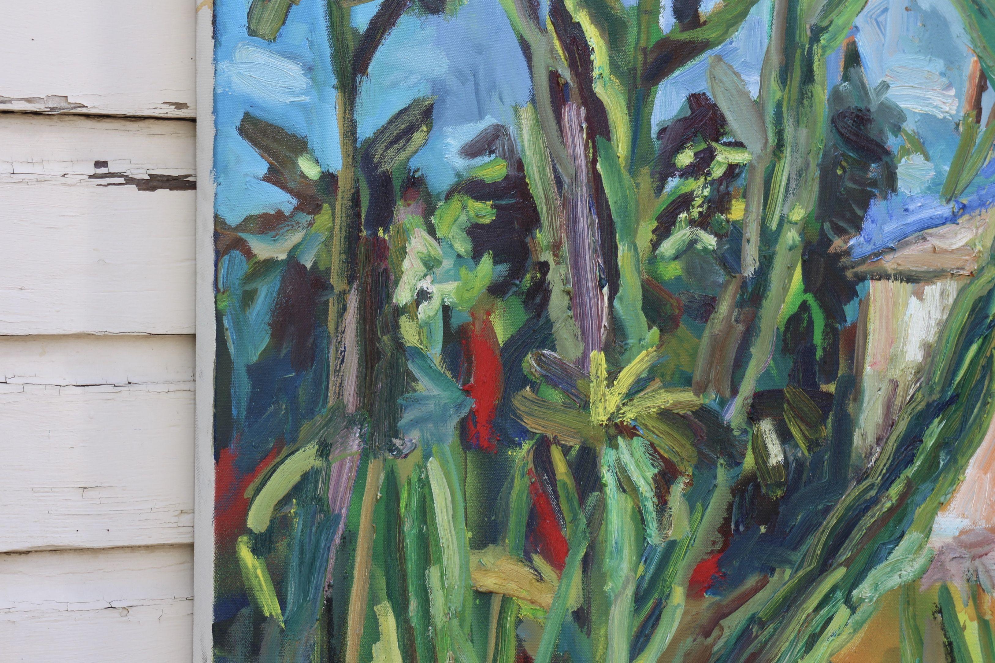 Pittura del mio giardino. Ho usato vernice spray, acrilico e olio su tela. :: Pittura :: Impressionista :: Questo pezzo viene fornito con un certificato ufficiale di autenticità firmato dall'artista :: Pronto da appendere: Yes :: Firmato: Yes ::