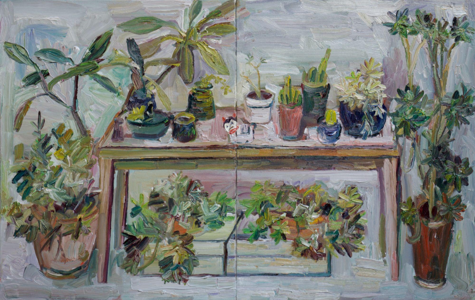 Plein air oil painting of the cactus garden in the backyard. :: Painting :: Impressionist :: This piece comes with an official certificate of authenticity signed by the artist :: Ready to Hang: No :: Signed: Yes :: Signature Location: on the back ::