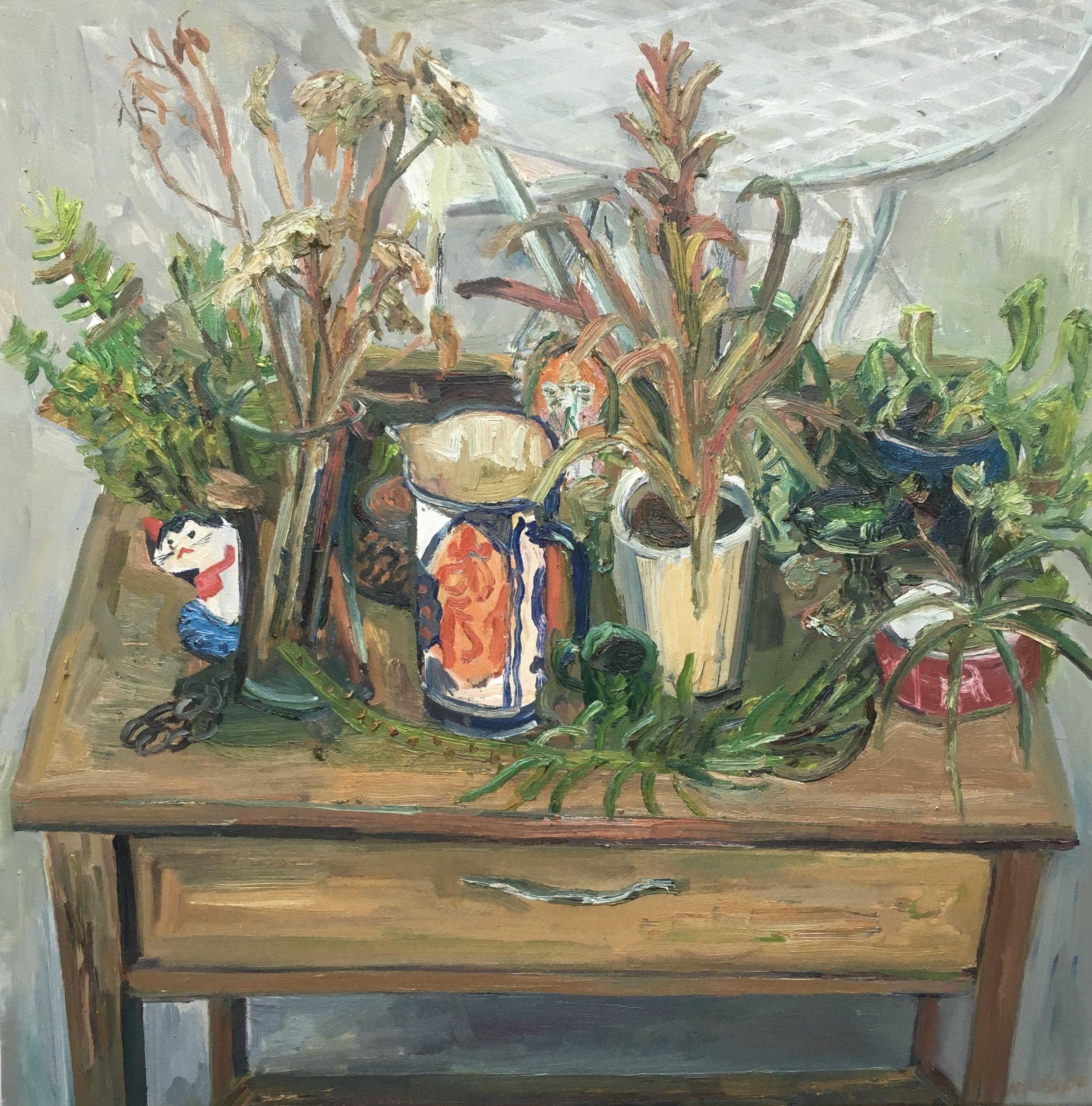 Natura morta in giardino, Pittura, Olio su tela - Painting di John Kilduff