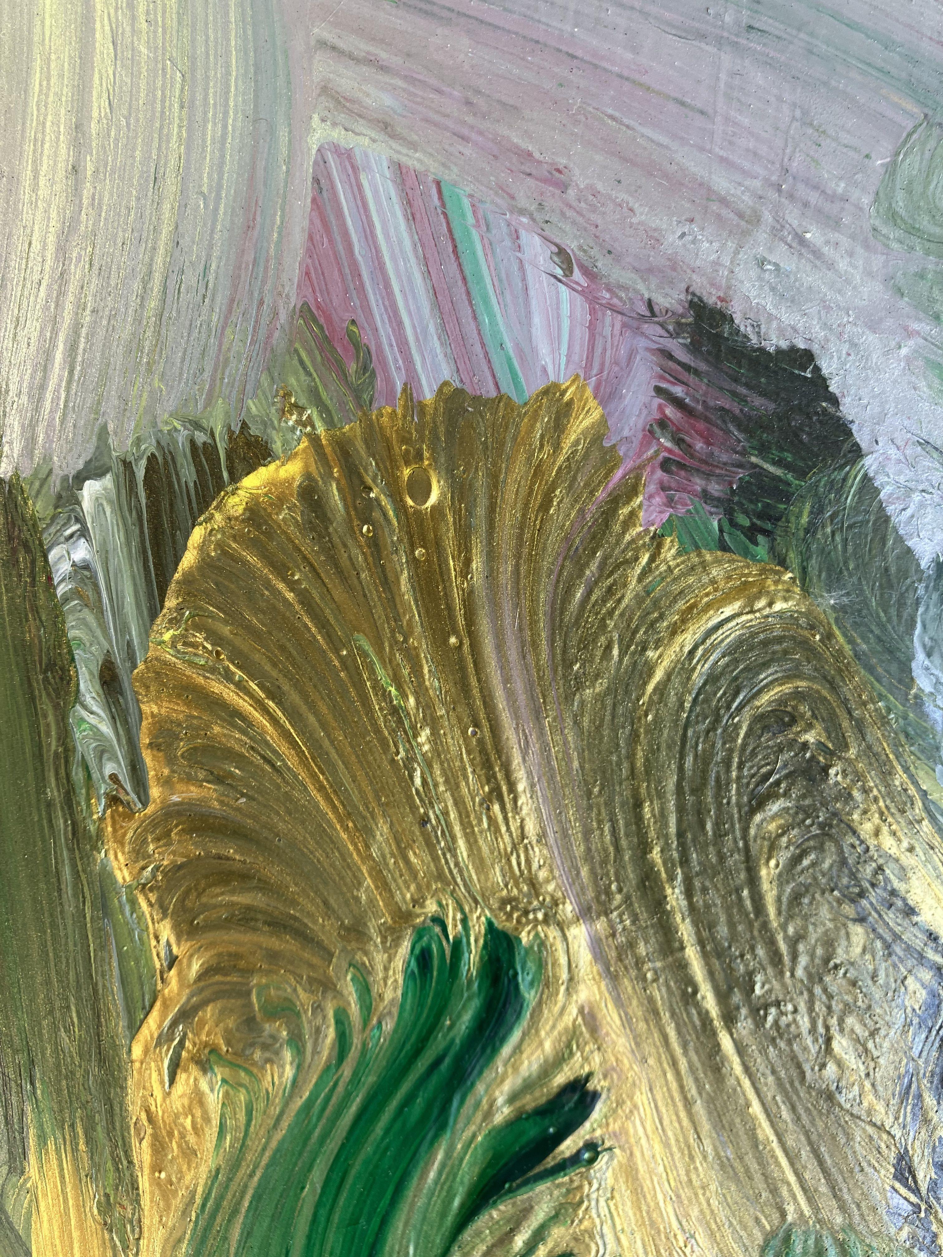 Gran pintura acrílica sobre papel Yupo de las plantas de mi patio al atardecer. Utilicé pinceles largos y tenía el cuadro en el suelo mientras pintaba. Me gustó el proceso y pienso hacer más. La obra será enrollada y enviada en un tubo :: Pintura ::