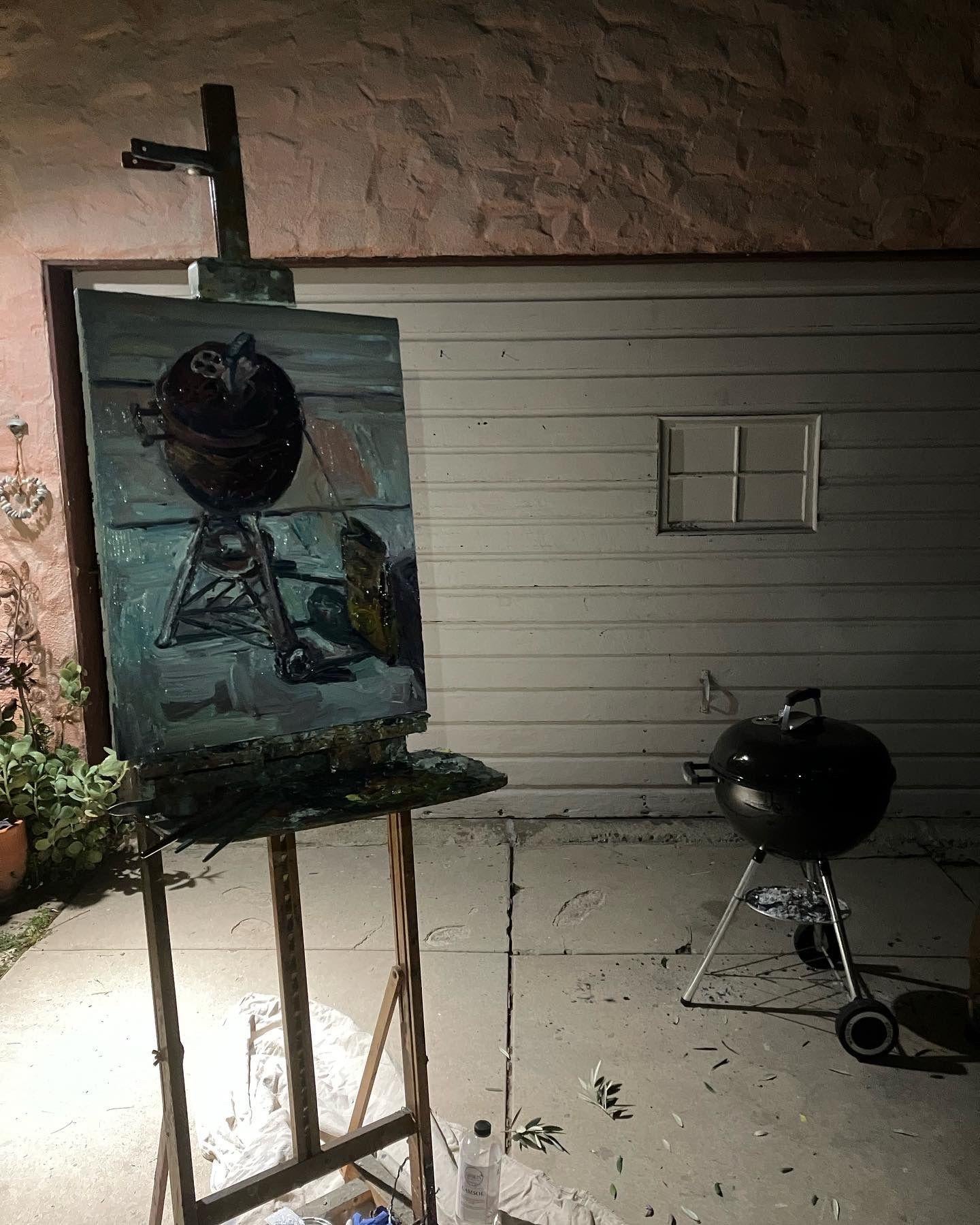 Plein air oil painting of a BBQ grill at night. :: Painting :: Impressionist :: This piece comes with an official certificate of authenticity signed by the artist :: Ready to Hang: No :: Signed: Yes :: Signature Location: on the back :: Canvas ::