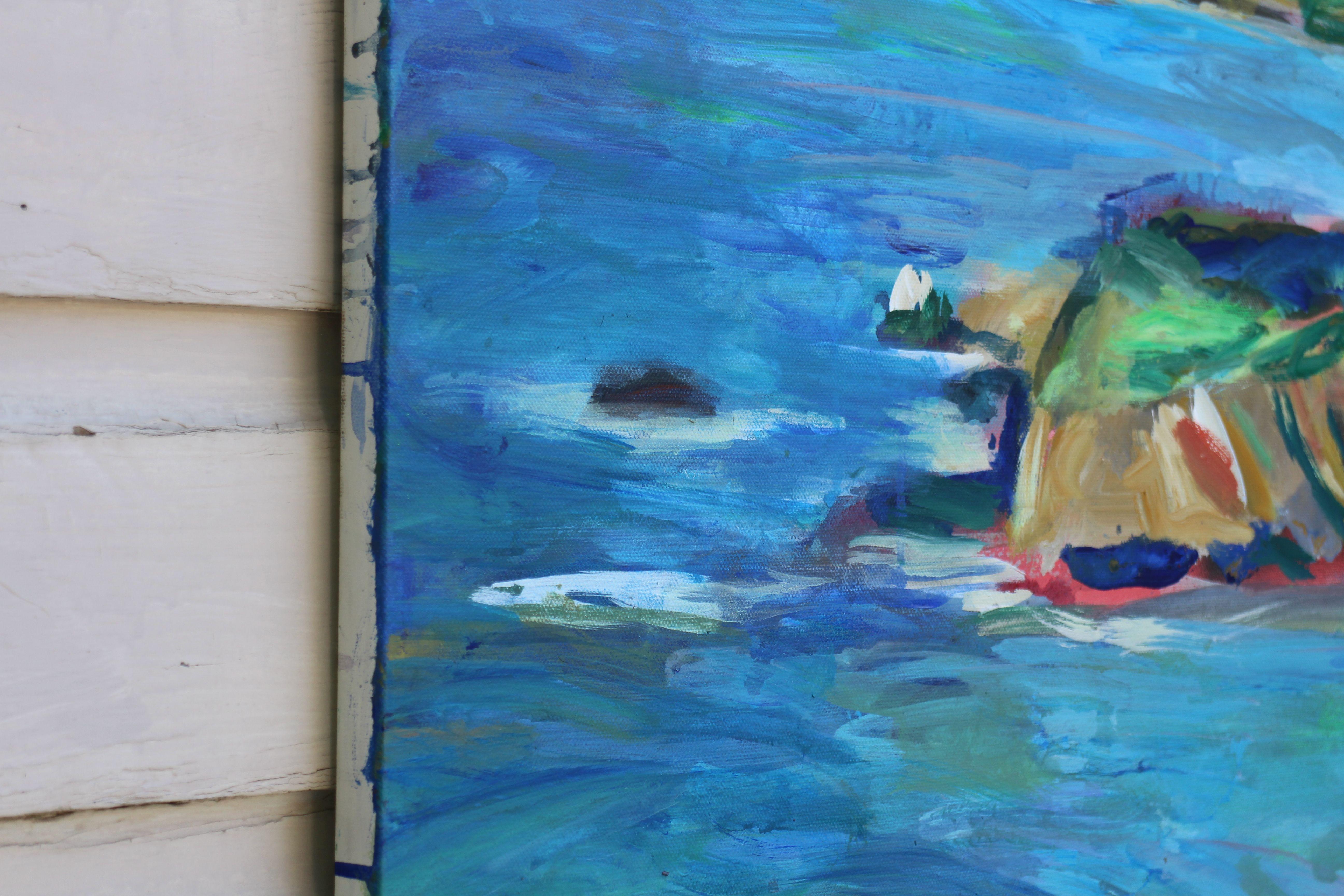 Gemälde der Küste von Big Sur in Carmel, Kalifornien. Acryl und Sprühfarbe auf Leinwand :: Malerei :: Impressionist :: Dieses Werk wird mit einem offiziellen, vom Künstler unterzeichneten Echtheitszertifikat geliefert :: Bereit zum Aufhängen: Nein