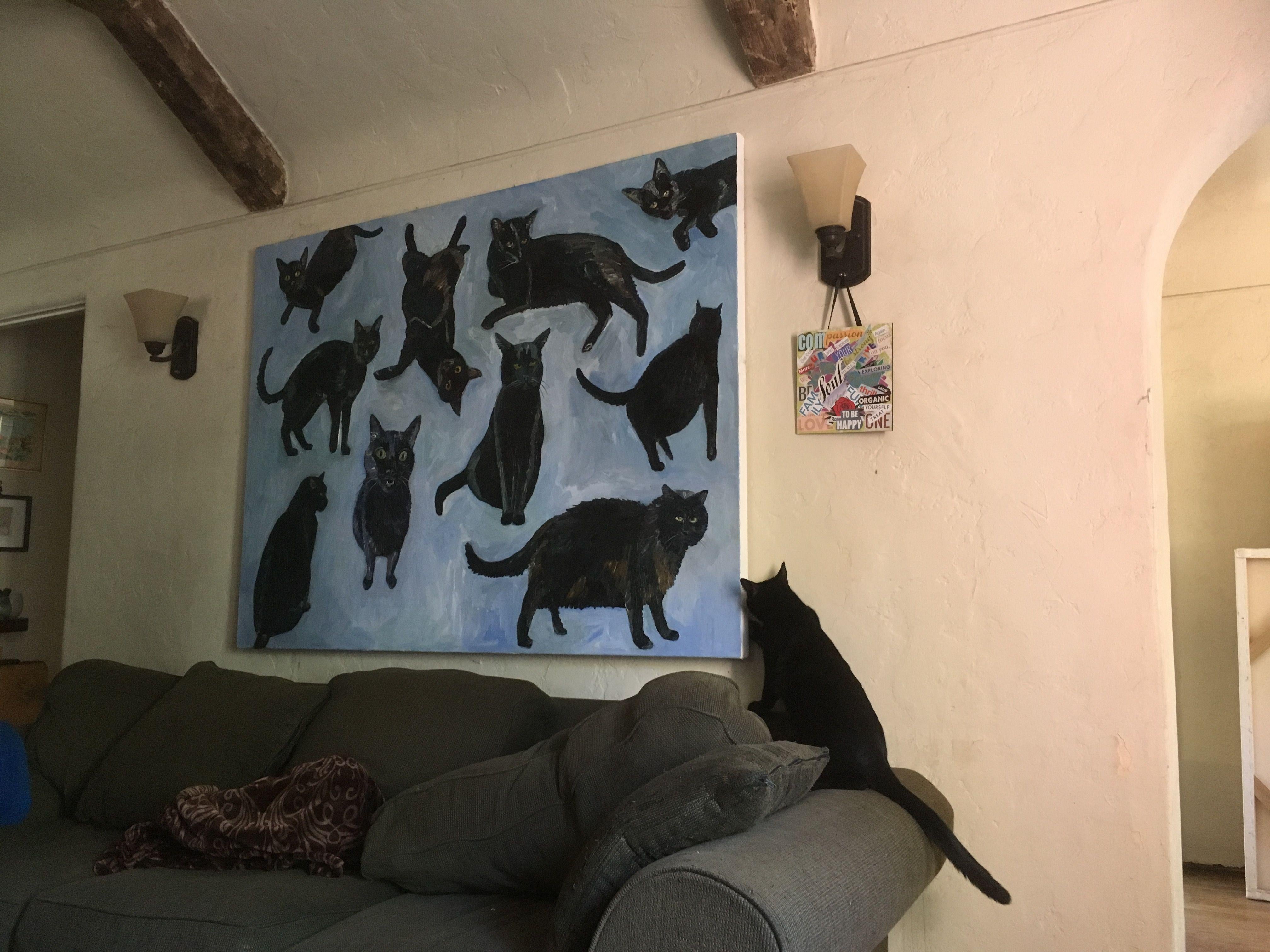 Chats noirs, peinture, huile sur toile en vente 1