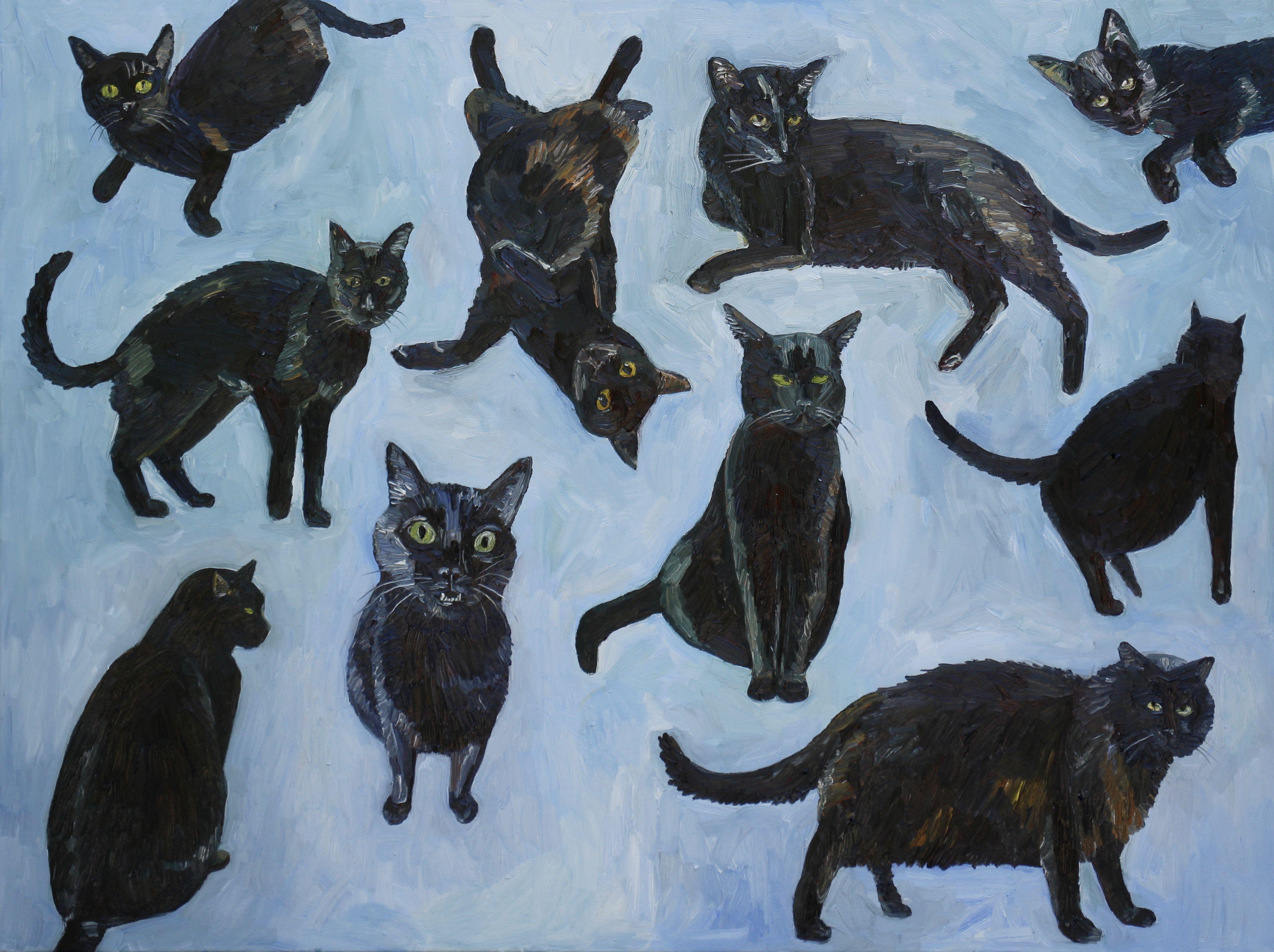 Chats noirs, peinture, huile sur toile - Painting de John Kilduff
