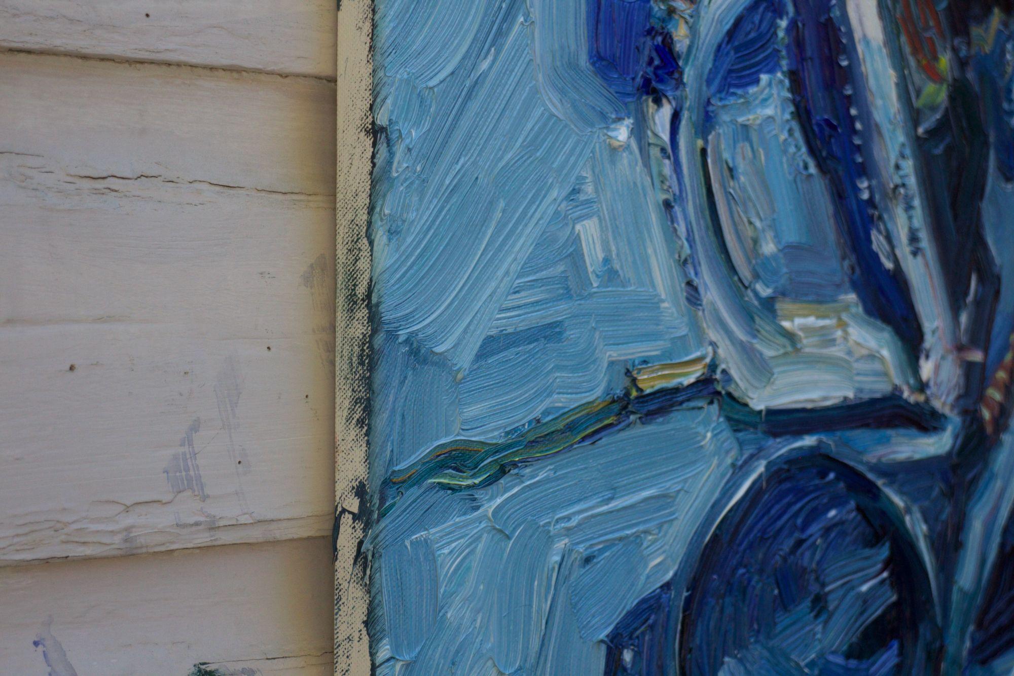 Natura morta di oggetti blu. Olio su tela. :: Pittura :: Impressionista :: Questo pezzo viene fornito con un certificato ufficiale di autenticità firmato dall'artista :: Pronto da appendere: No :: Firmato: Yes :: Posizione della firma: sul retro ::