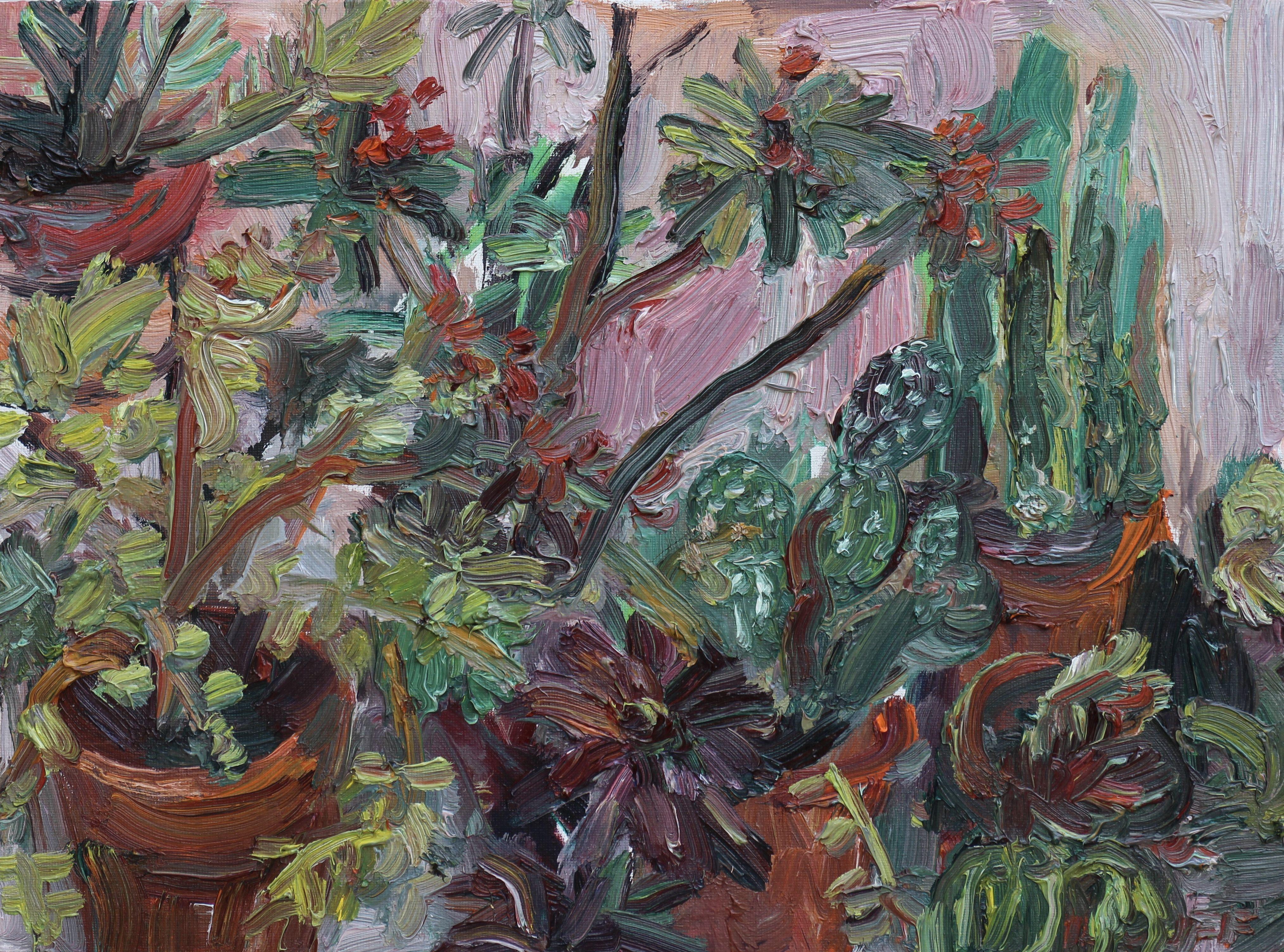 Plein air oil painting of the cactus plants in the backyard. I also painted on another painting at the same time (cactus plants oil #2) which is also listed separately. I made a video of the process, which can be viewed on Youtube: /Dd78ghZ-wVs  The