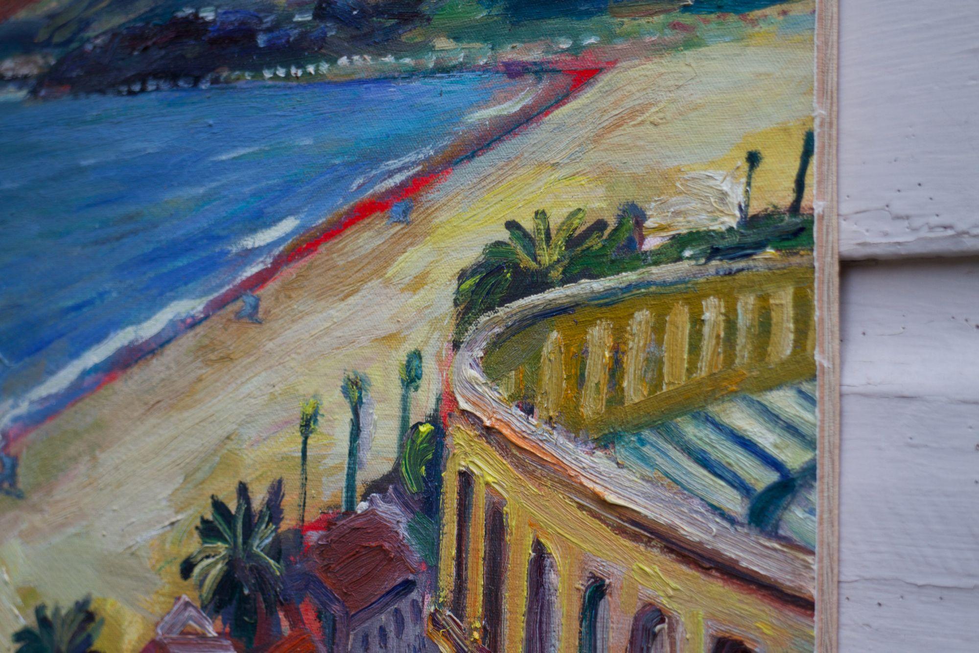 Studio-Gemälde, das auf meinen Pleinair-Gemälden der gleichen Ansicht basiert. Öl auf Leinwand auf Holz aufgezogen. Diese Straße wird California Incline genannt, da sie von der Ocean Ave zum Pacific Coast Highway hinunterführt.   :: Gemälde ::