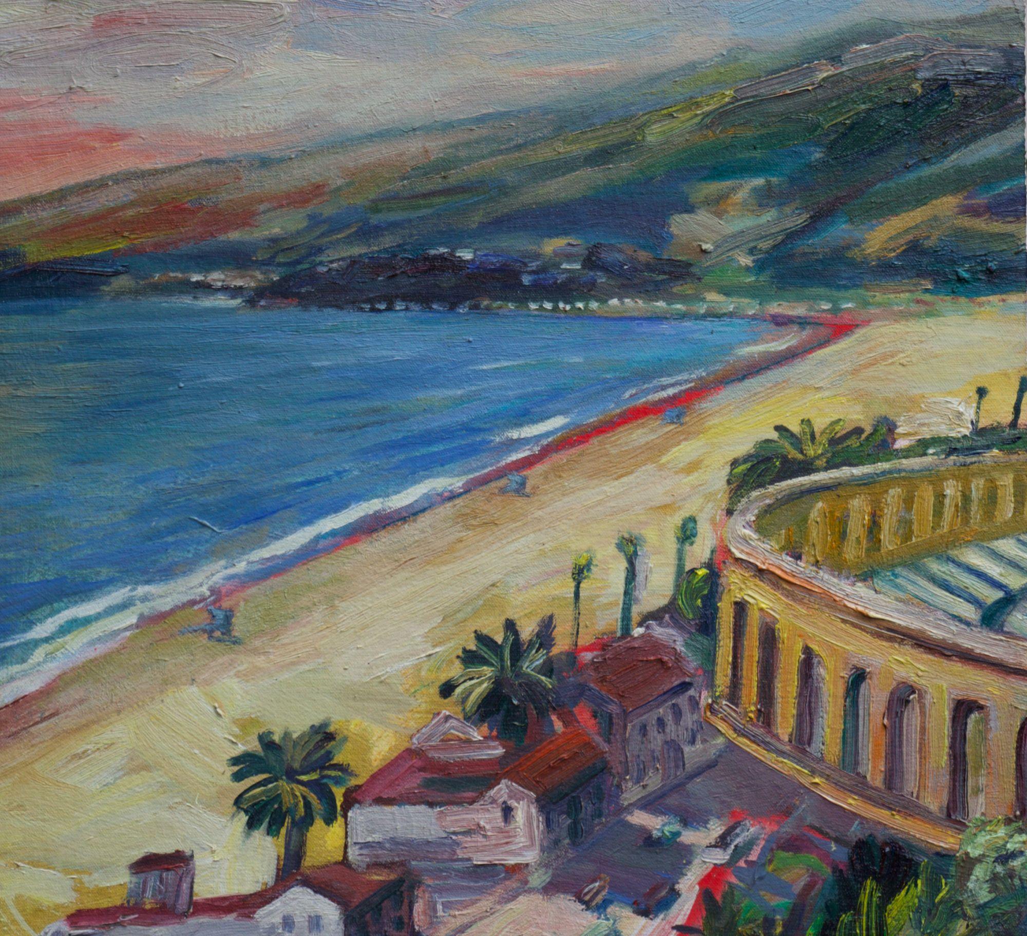 Studio painting based on my plein air paintings of the same view. Oil on canvas mounted onto wood. They call this road the California Incline as it goes down from Ocean ave to the Pacific Coast Highway.   :: Painting :: Impressionist :: This piece