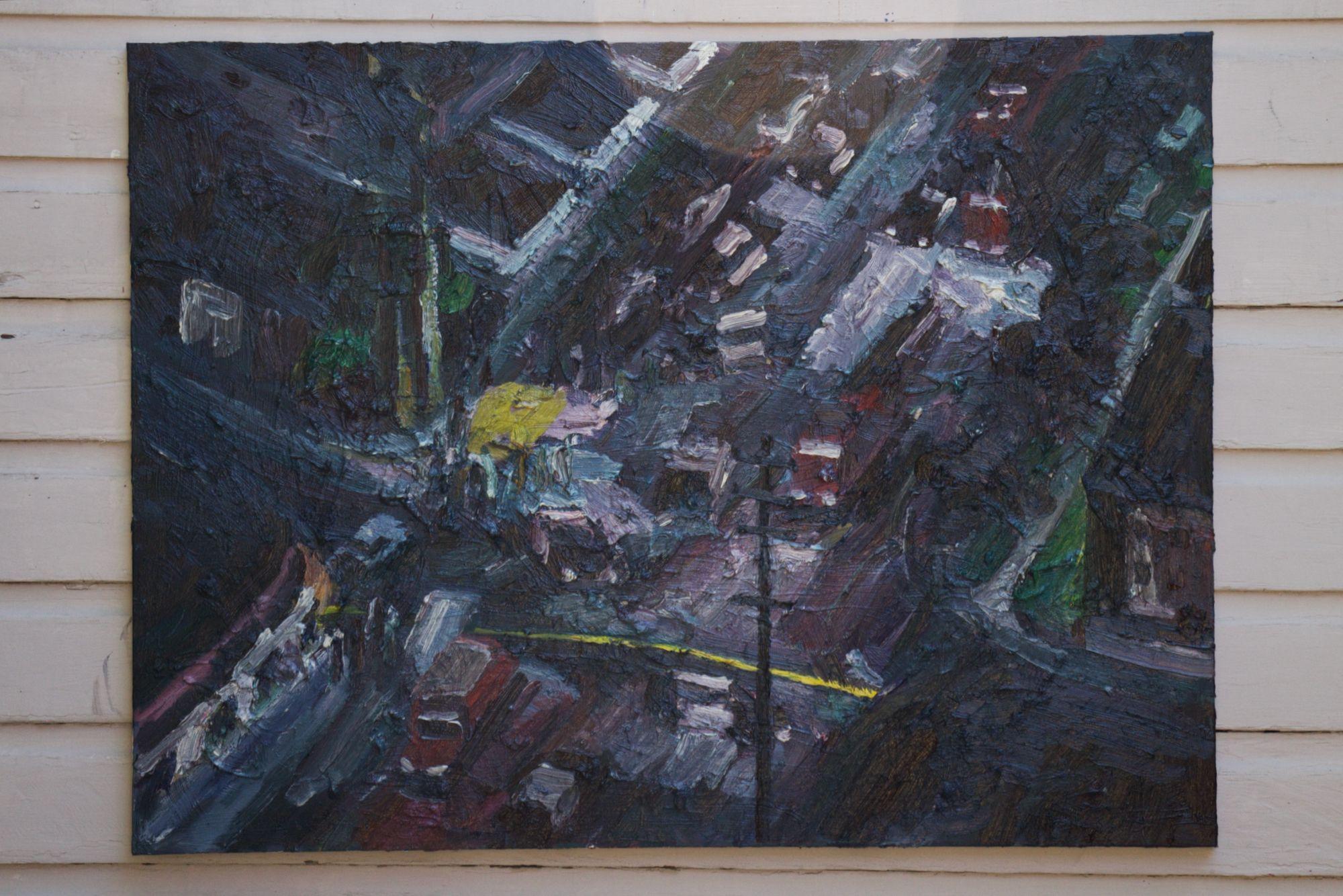 Car crashes into Palm tree, Gemälde, Öl auf Leinwand (Streetart), Painting, von John Kilduff