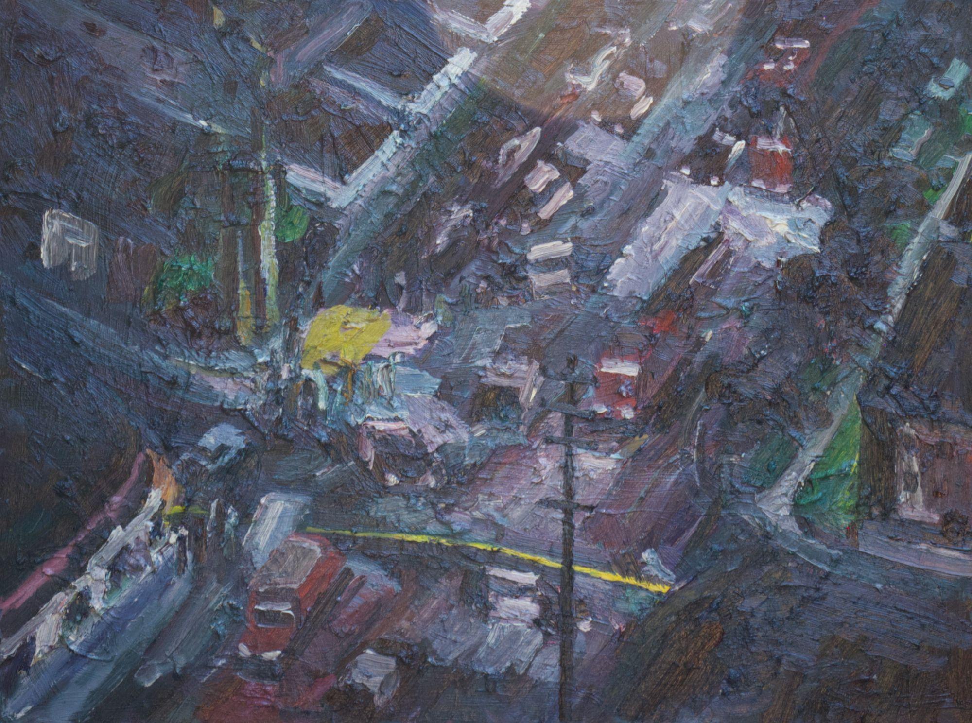 Car crashes into Palm tree, Gemälde, Öl auf Leinwand – Painting von John Kilduff