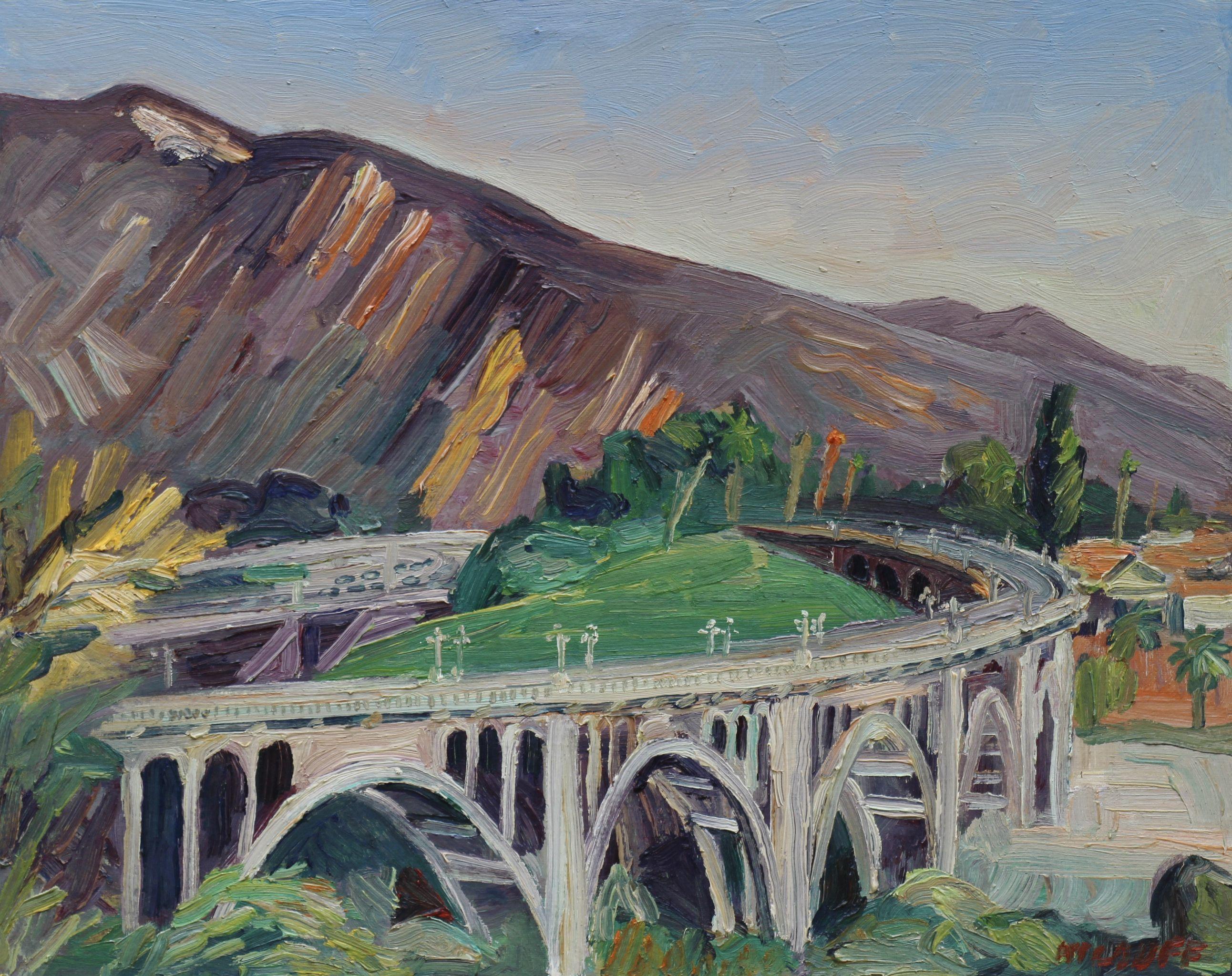 Plein air (painted on location) oil painting of the Colorado Street Bridge in Pasadena, California. :: Painting :: Impressionist :: This piece comes with an official certificate of authenticity signed by the artist :: Ready to Hang: No :: Signed:
