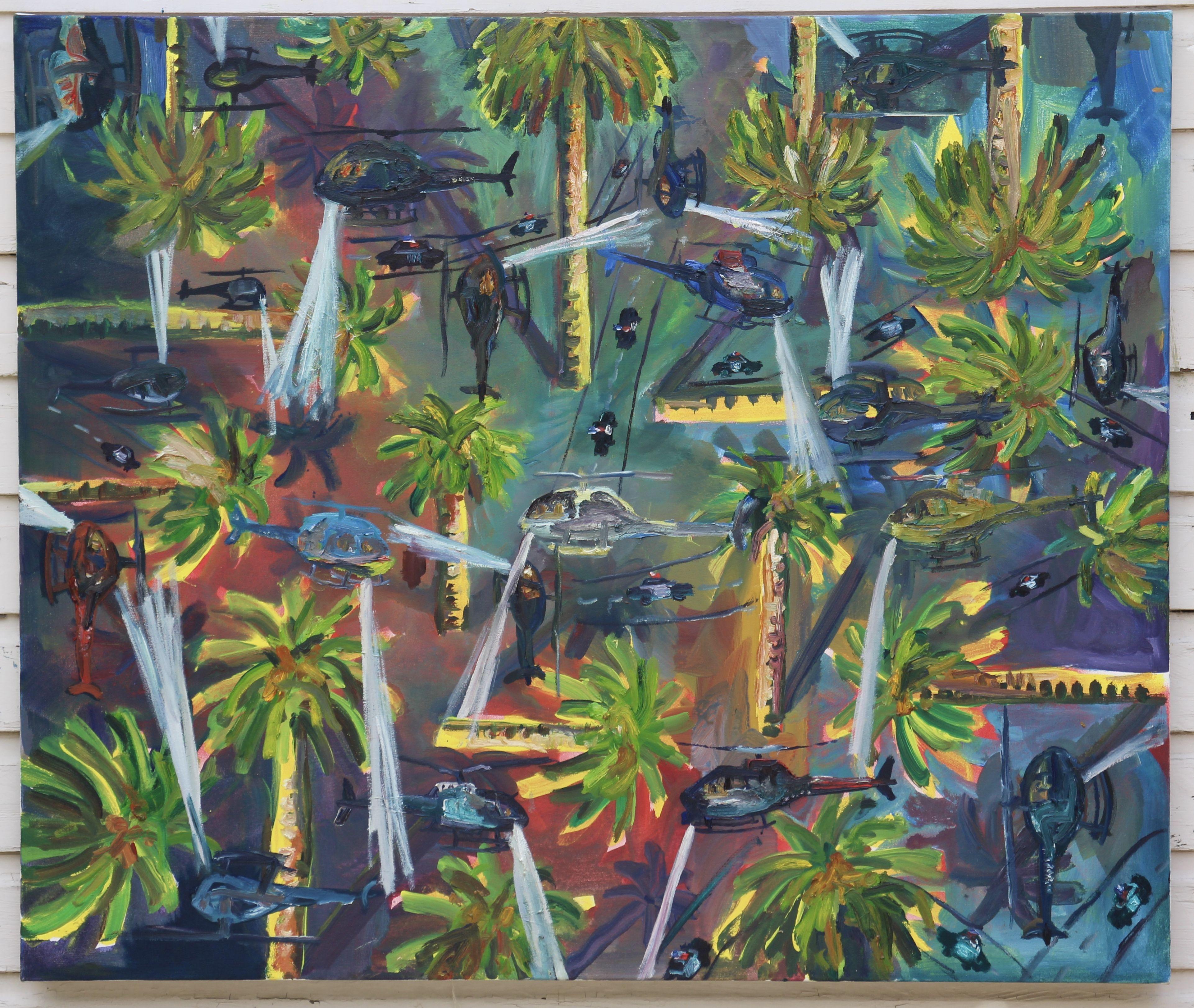 Crazy LA Hubschrauber Autokette, Gemälde, Öl auf Leinwand (Zeitgenössisch), Painting, von John Kilduff