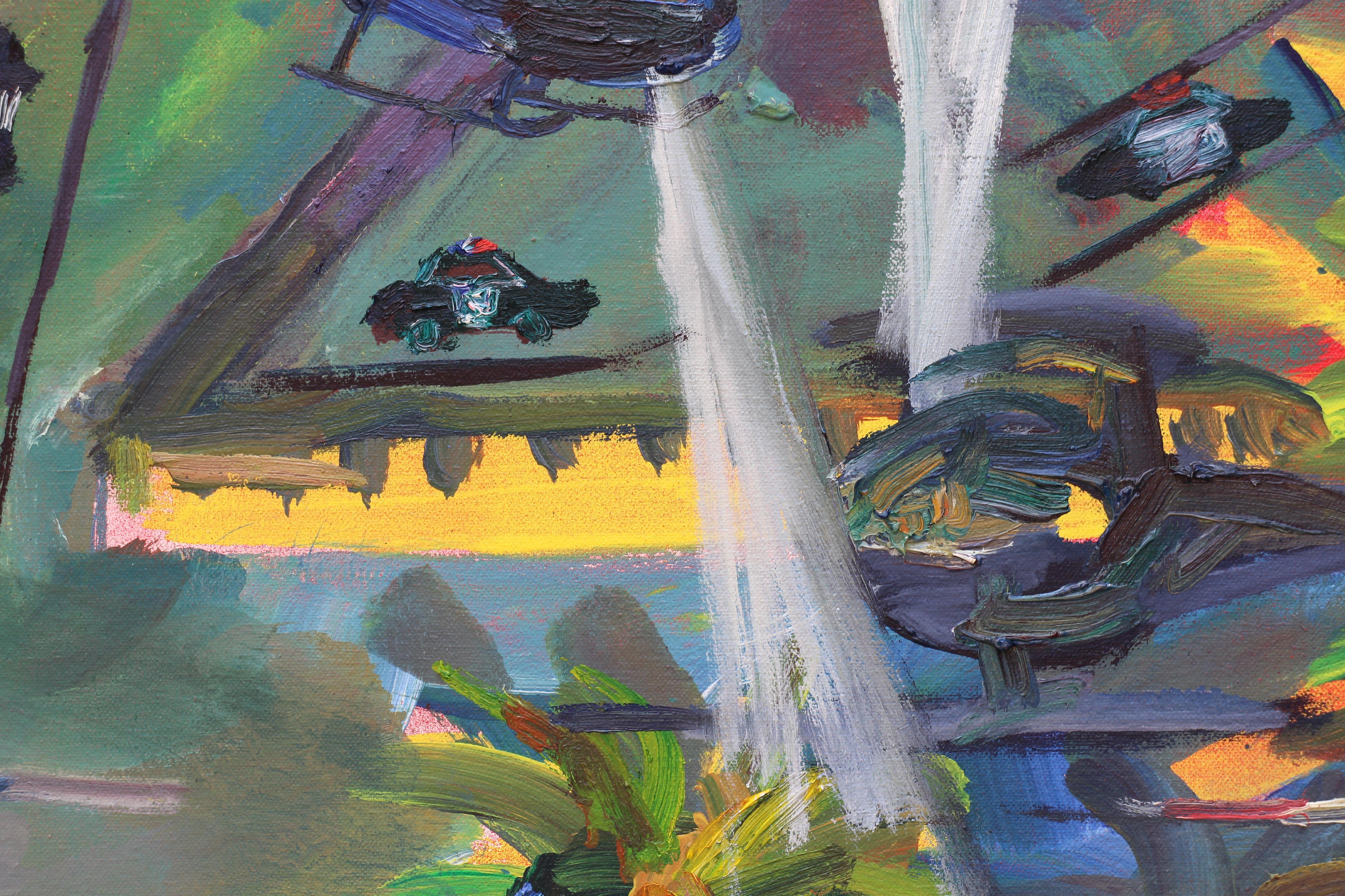 Gemälde einer Verfolgungsjagd in Los Angeles mit ein wenig MC Esher-Einfluss. Öl, Sprühfarbe und Acryl auf Leinwand :: Gemälde :: Zeitgenössisch :: Dieses Werk wird mit einem offiziellen, vom Künstler unterzeichneten Echtheitszertifikat geliefert ::