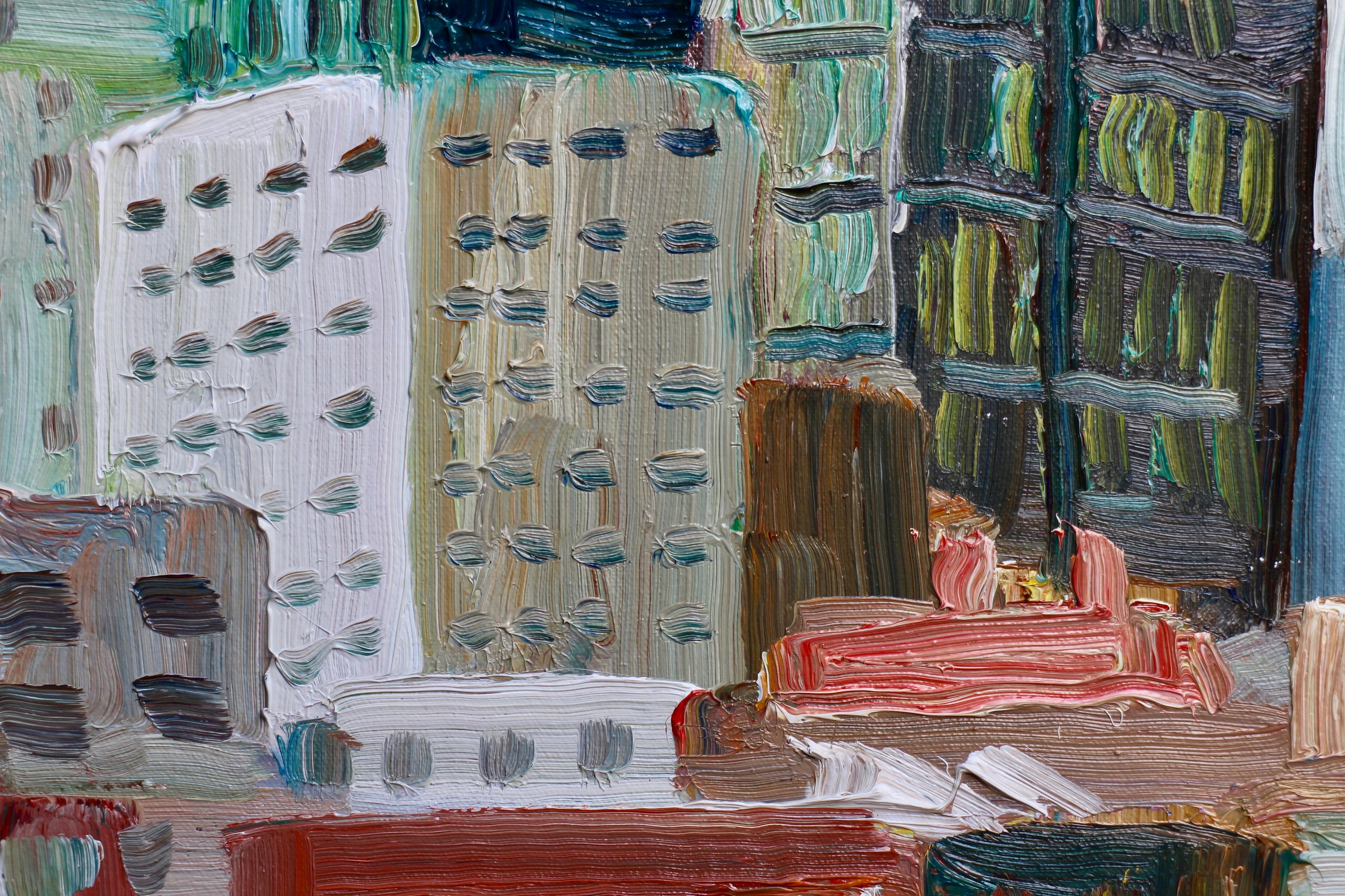 Dipinto sul parcheggio sul tetto (12th e San Pedro) con vista sul centro di Los Angeles. :: Pittura :: Impressionista :: Questo pezzo viene fornito con un certificato ufficiale di autenticità firmato dall'artista :: Pronto da appendere: No ::
