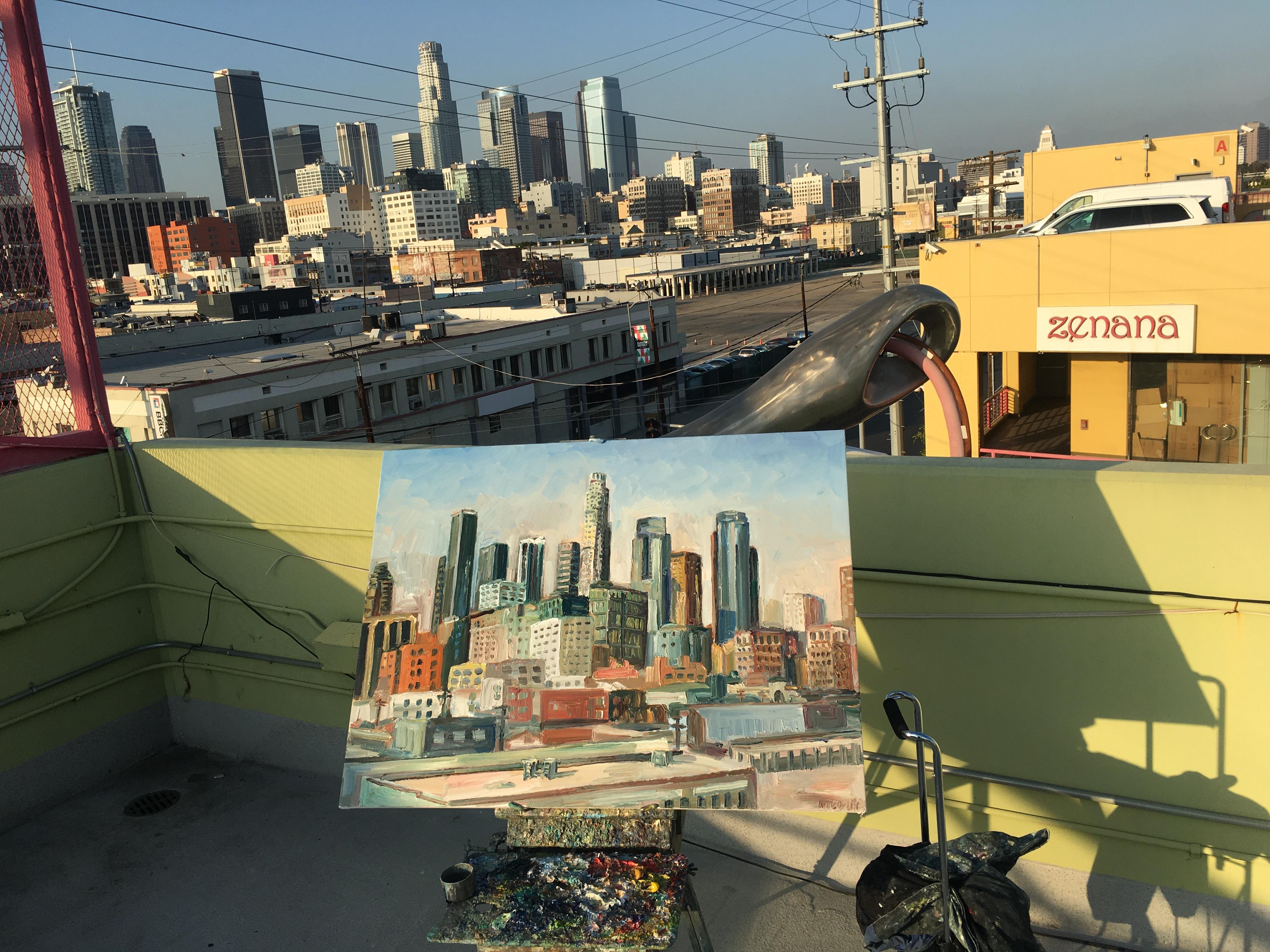 Painted on on the rooftop parking lot (12th and San Pedro) overlooking Downtown Los Angeles. :: Painting :: Impressionist :: This piece comes with an official certificate of authenticity signed by the artist :: Ready to Hang: No :: Signed: Yes ::