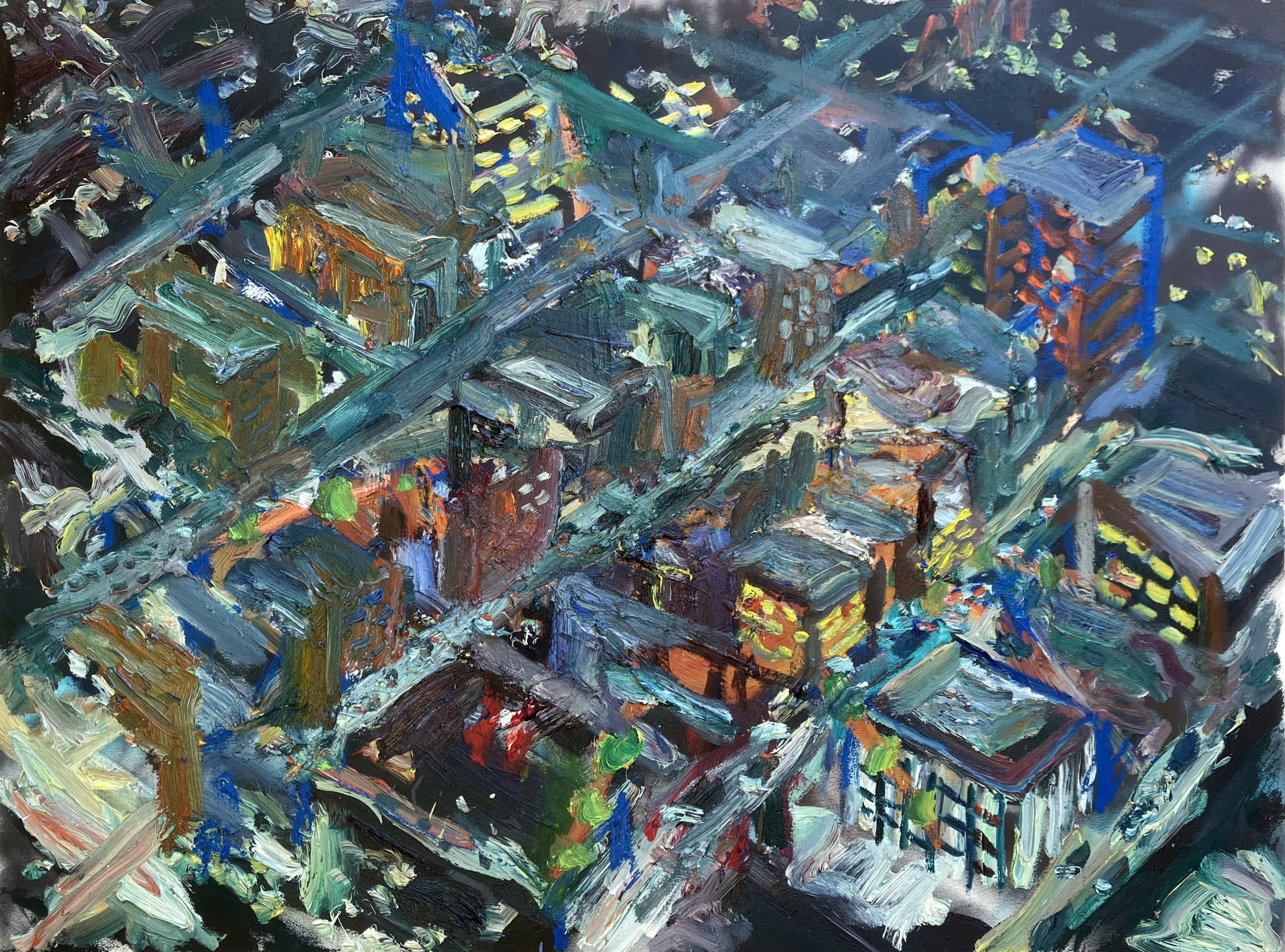 Downtown Los Angeles at night, Painting, Oil on Canvas For Sale 1