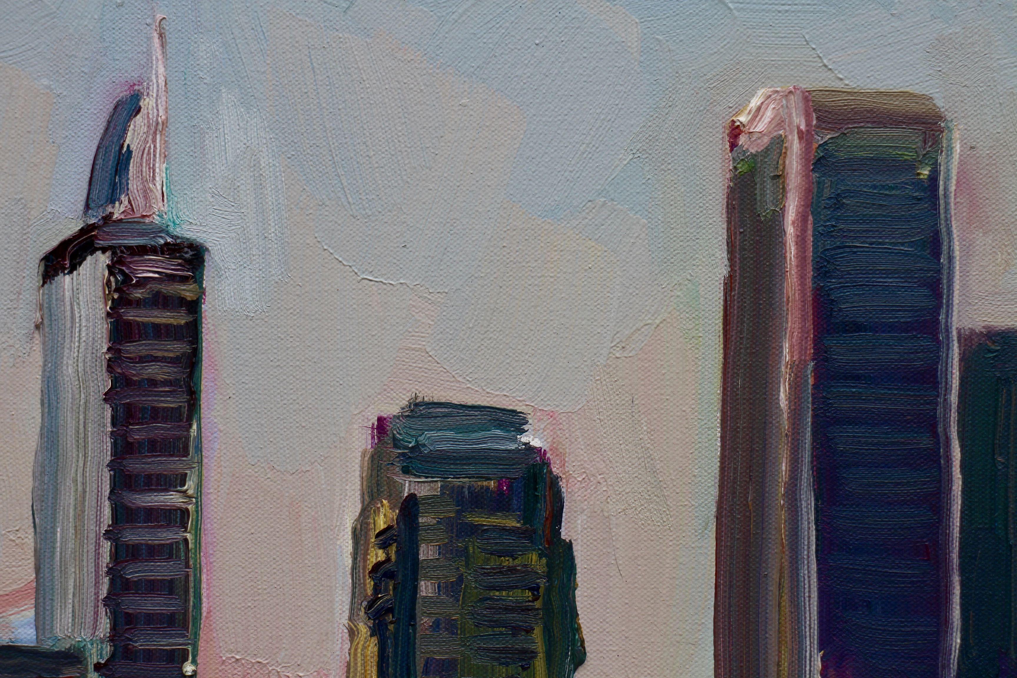 Plein air oil painting from a rooftop overlooking Downtown Los Angeles. :: Painting :: Impressionist :: This piece comes with an official certificate of authenticity signed by the artist :: Ready to Hang: No :: Signed: Yes :: Signature Location: On